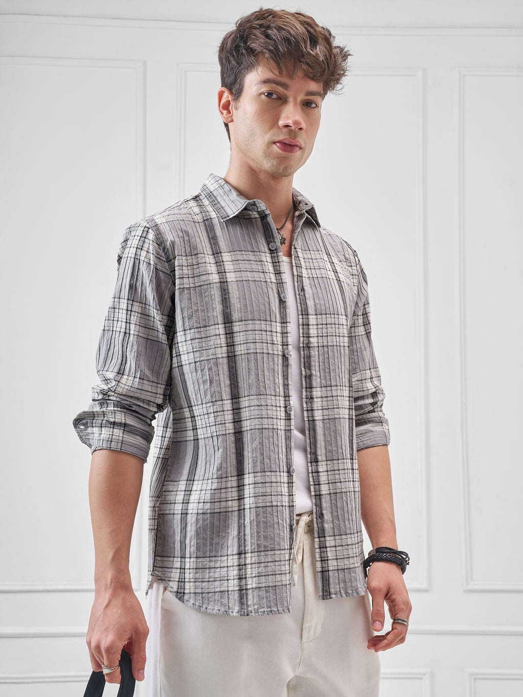 Highlander Men Grey Checked Slim Fit Casual Shirt - Grey - Image 6