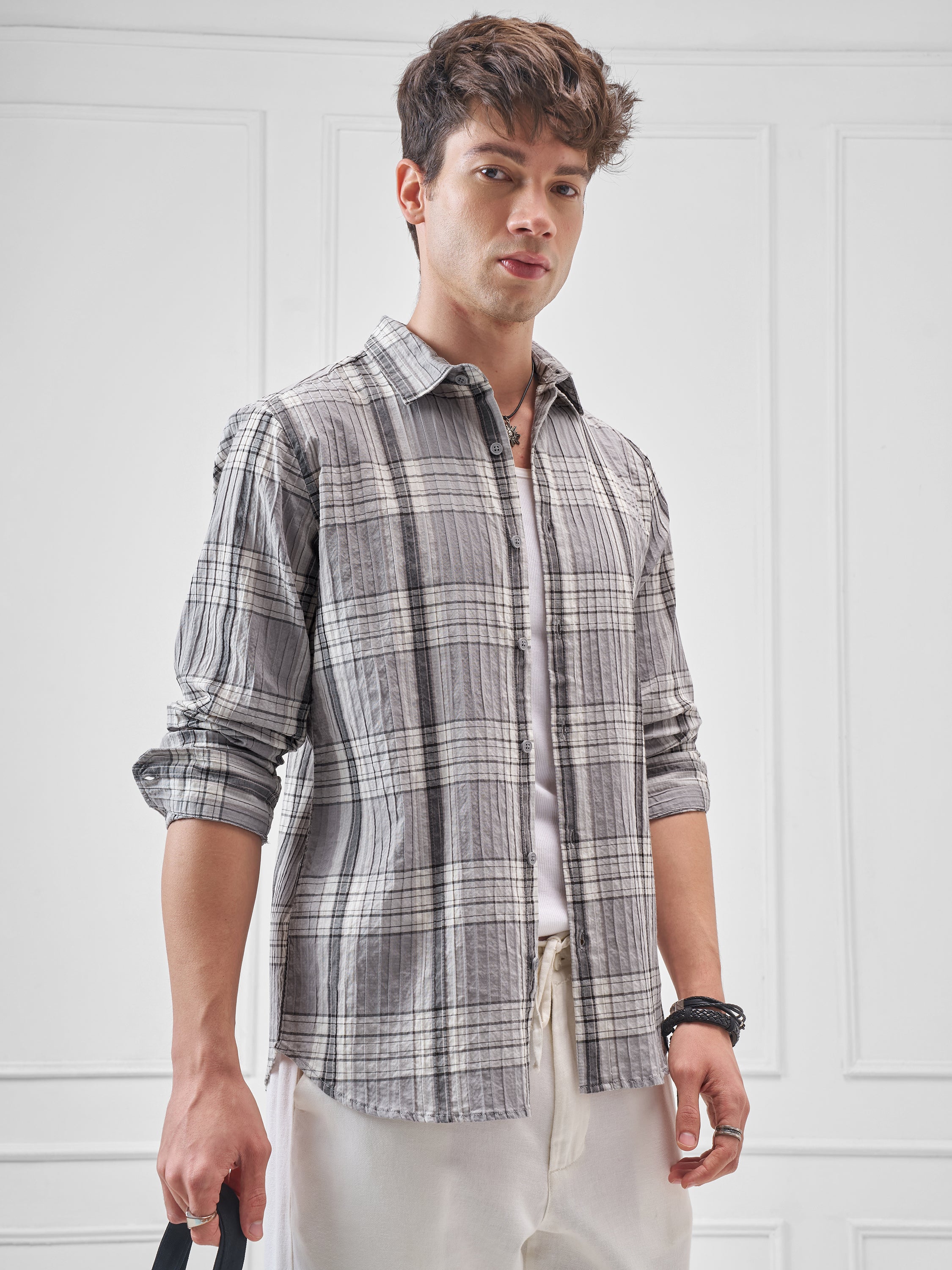Highlander Men Grey Checked Slim Fit Casual Shirt - Grey - Image 6