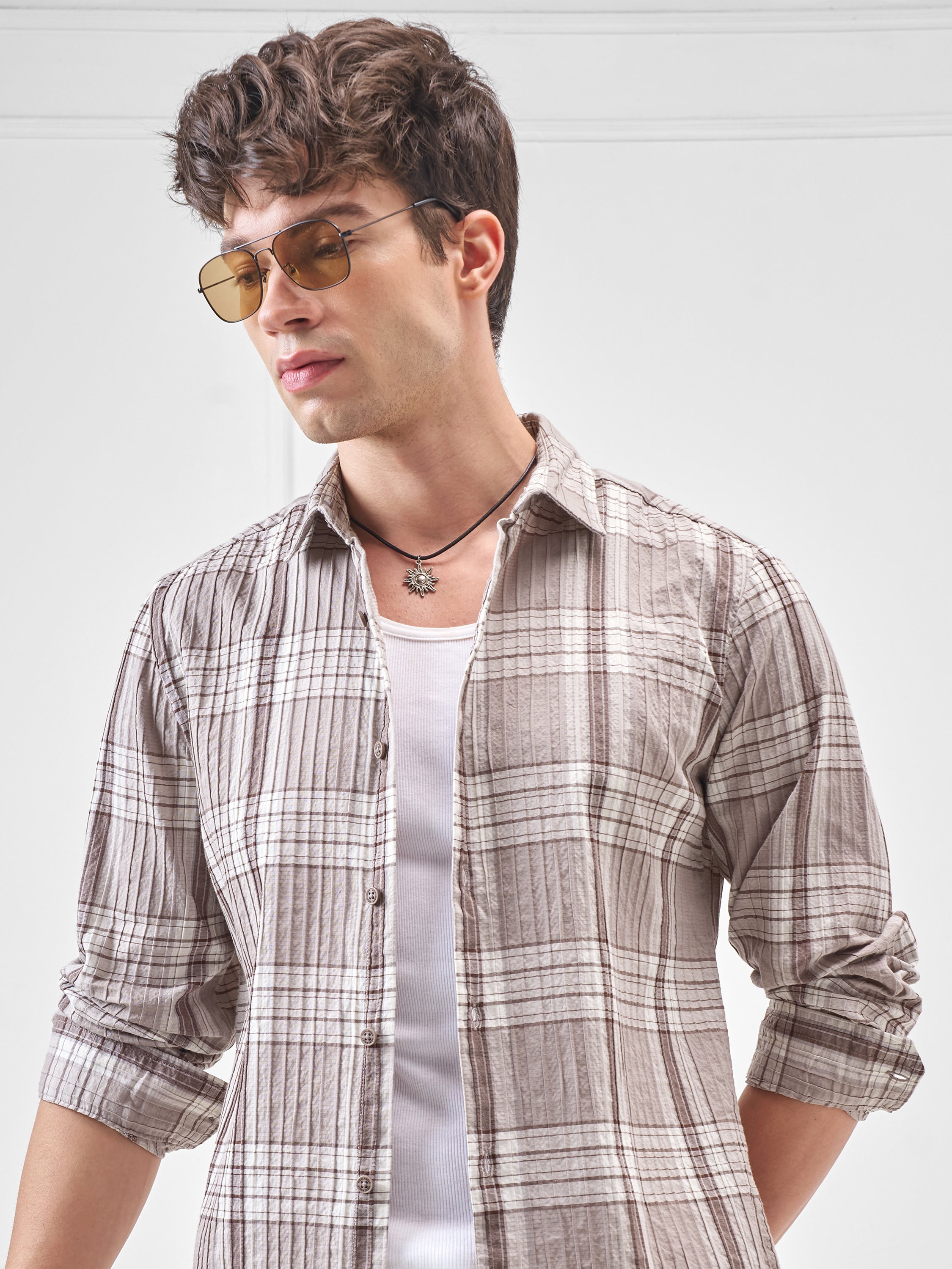 Highlander Men Beige Checked Slim Fit Casual Shirt - Beige - Image 1