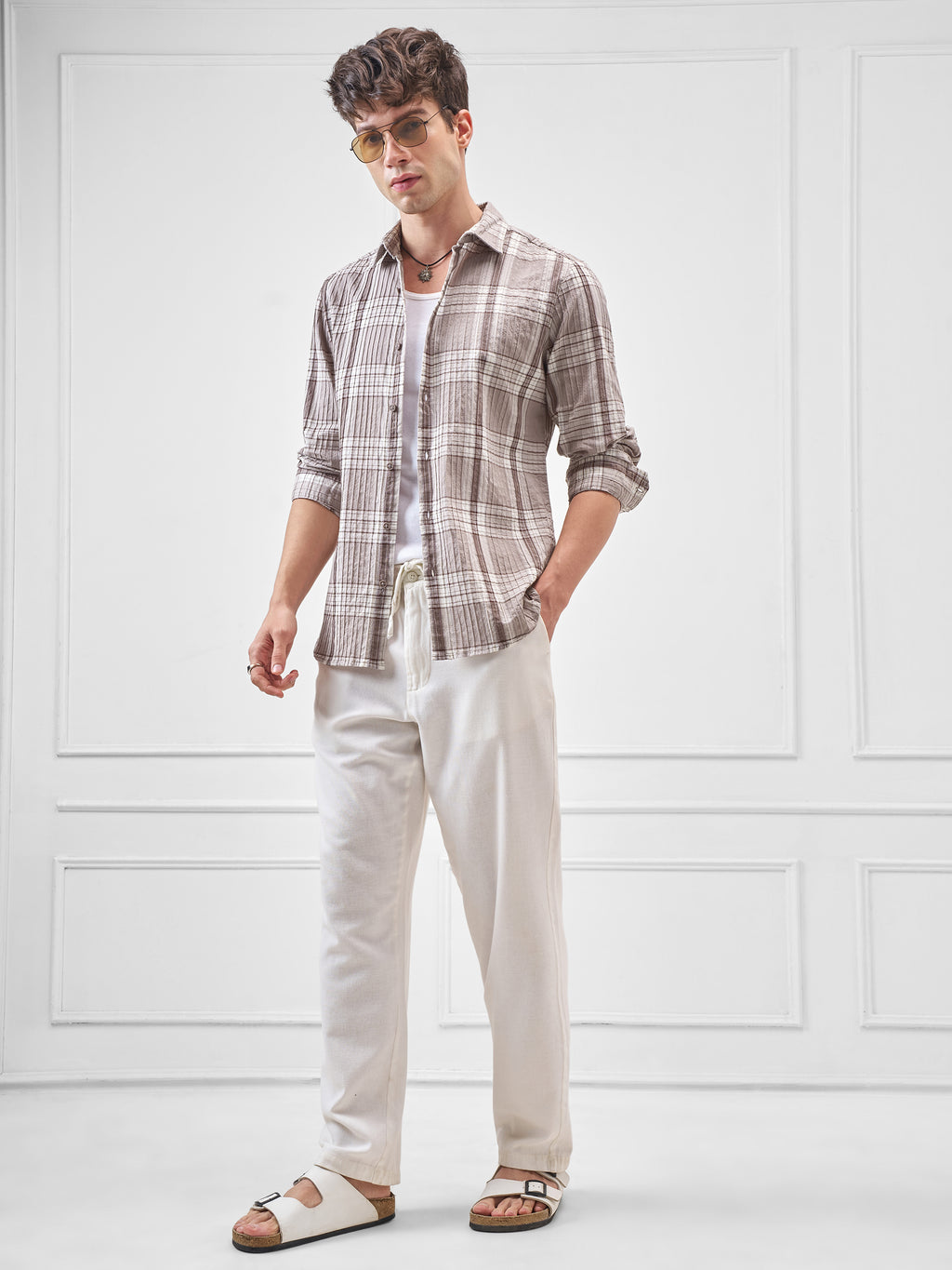 Highlander Men Beige Checked Slim Fit Casual Shirt - Beige - Image 2