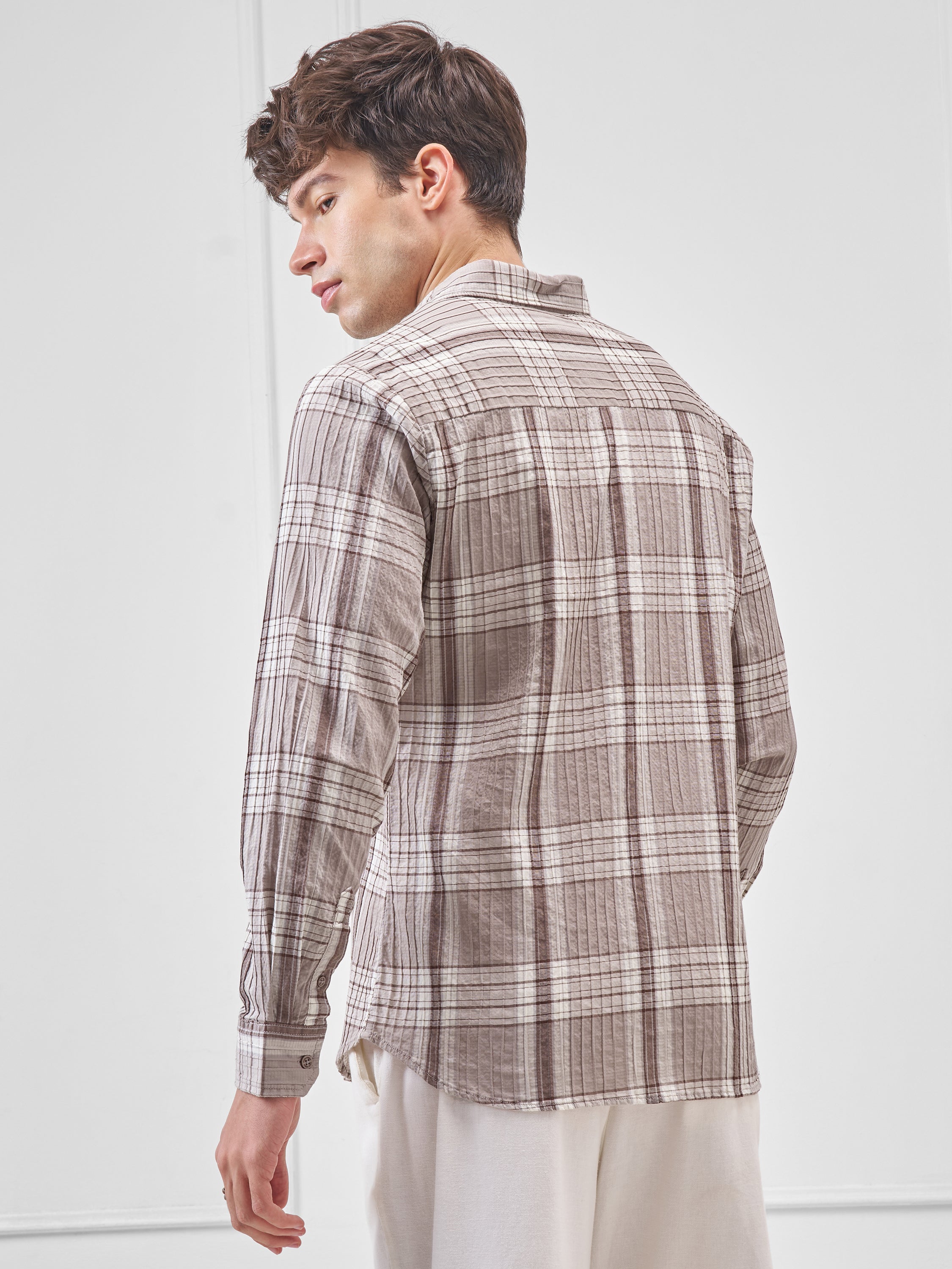 Highlander Men Beige Checked Slim Fit Casual Shirt - Beige - Image 3
