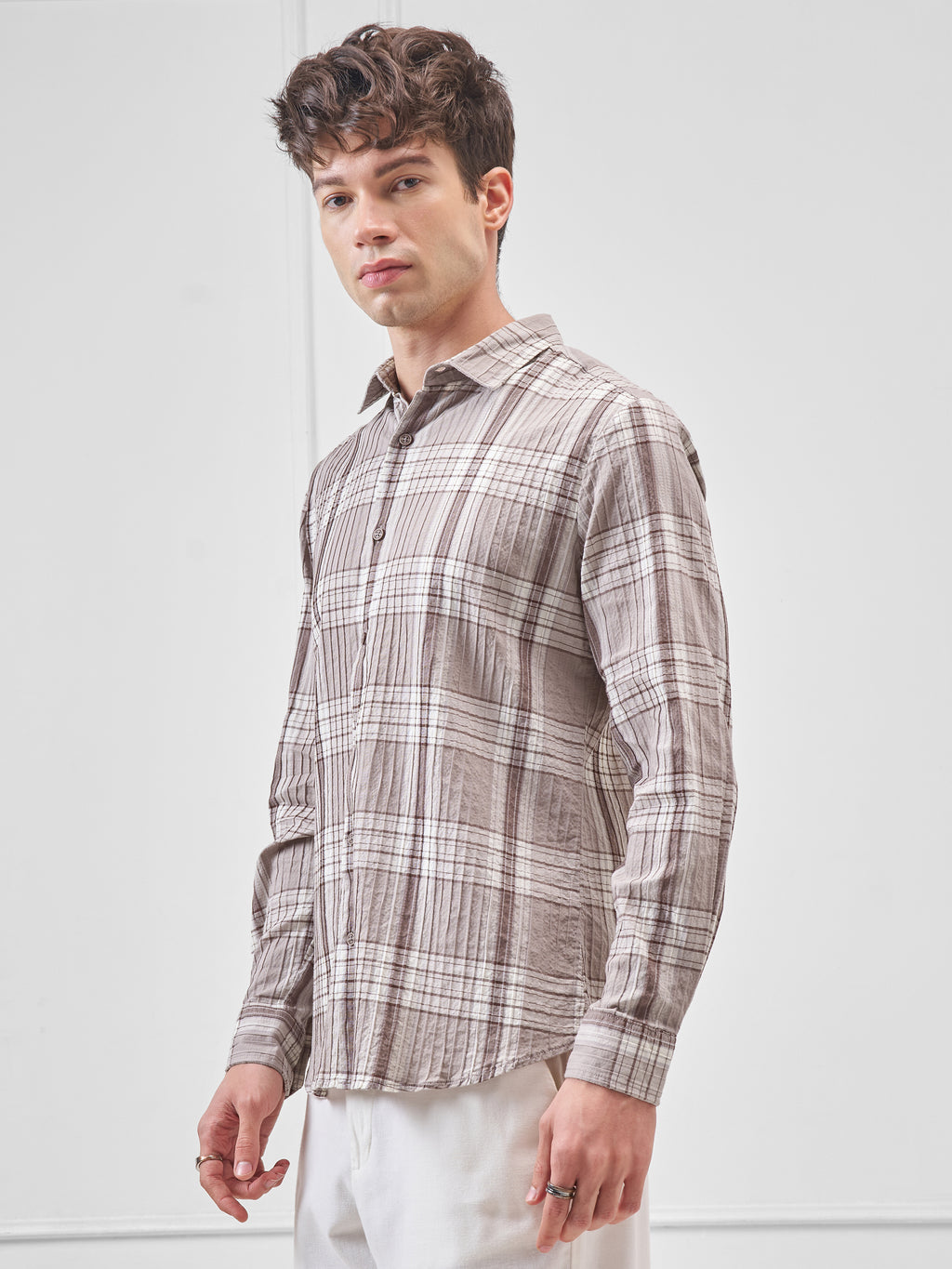Highlander Men Beige Checked Slim Fit Casual Shirt - Beige - Image 4