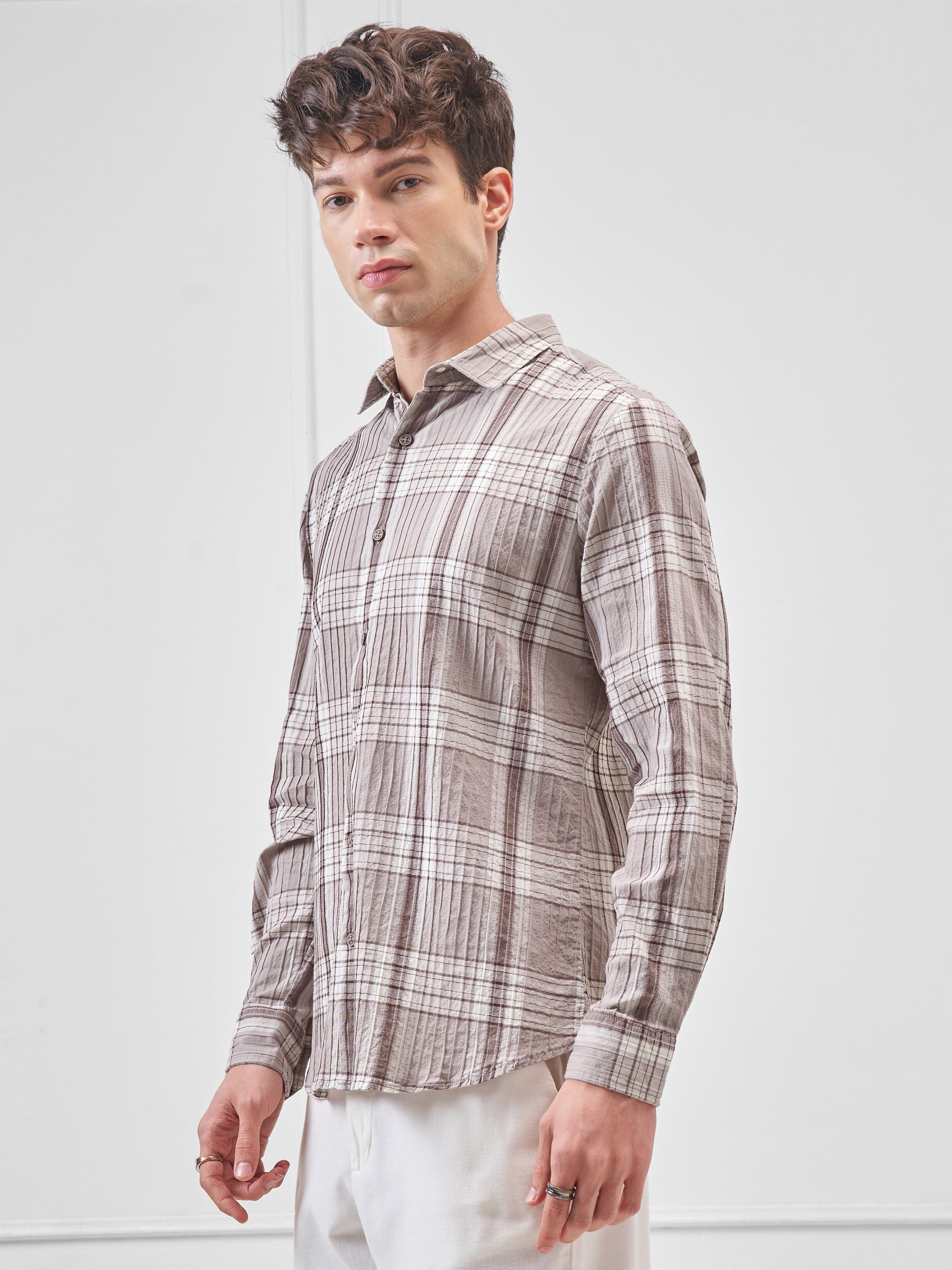 Highlander Men Beige Checked Slim Fit Casual Shirt - Beige - Image 4