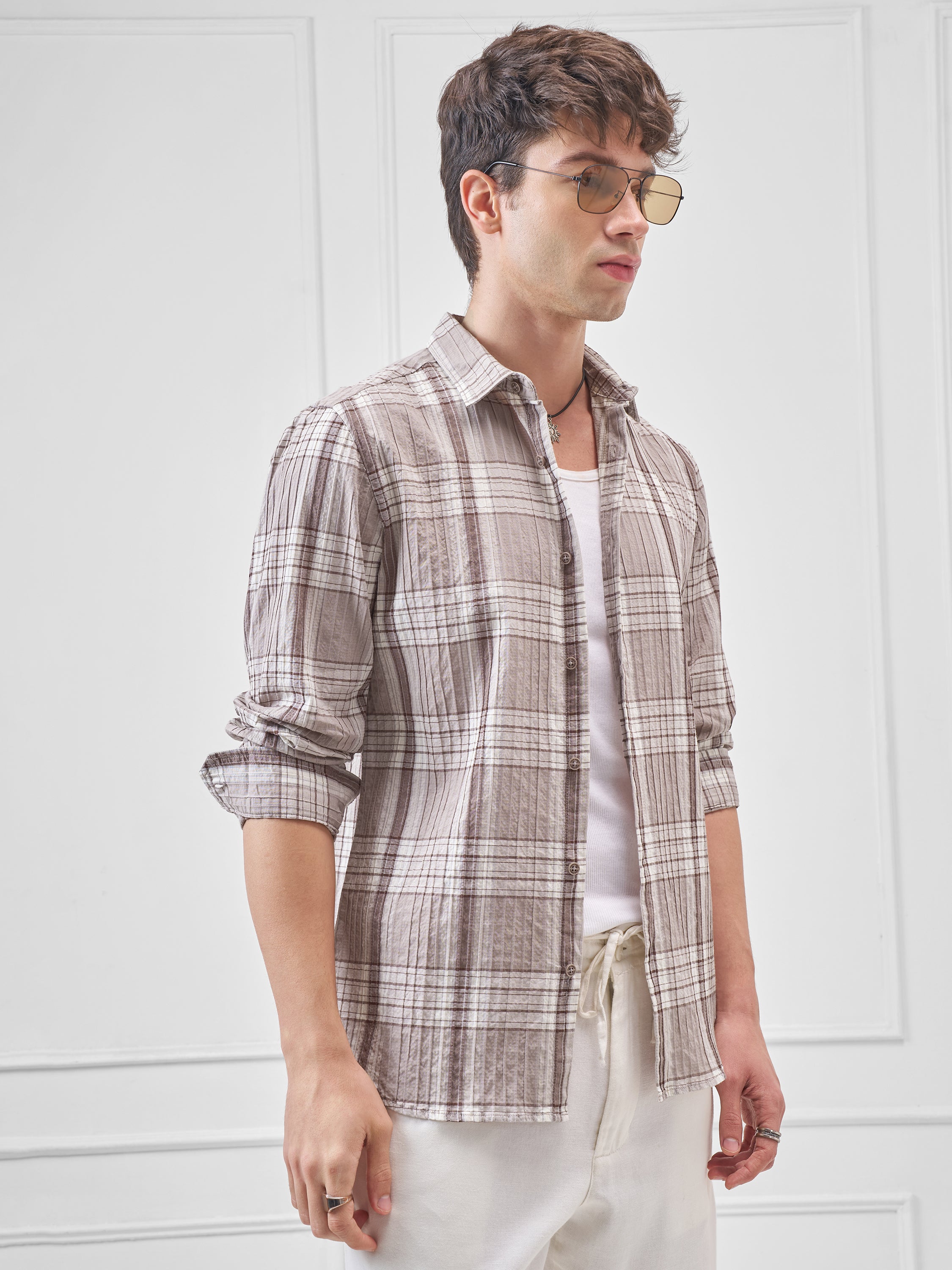 Highlander Men Beige Checked Slim Fit Casual Shirt - Beige - Image 6