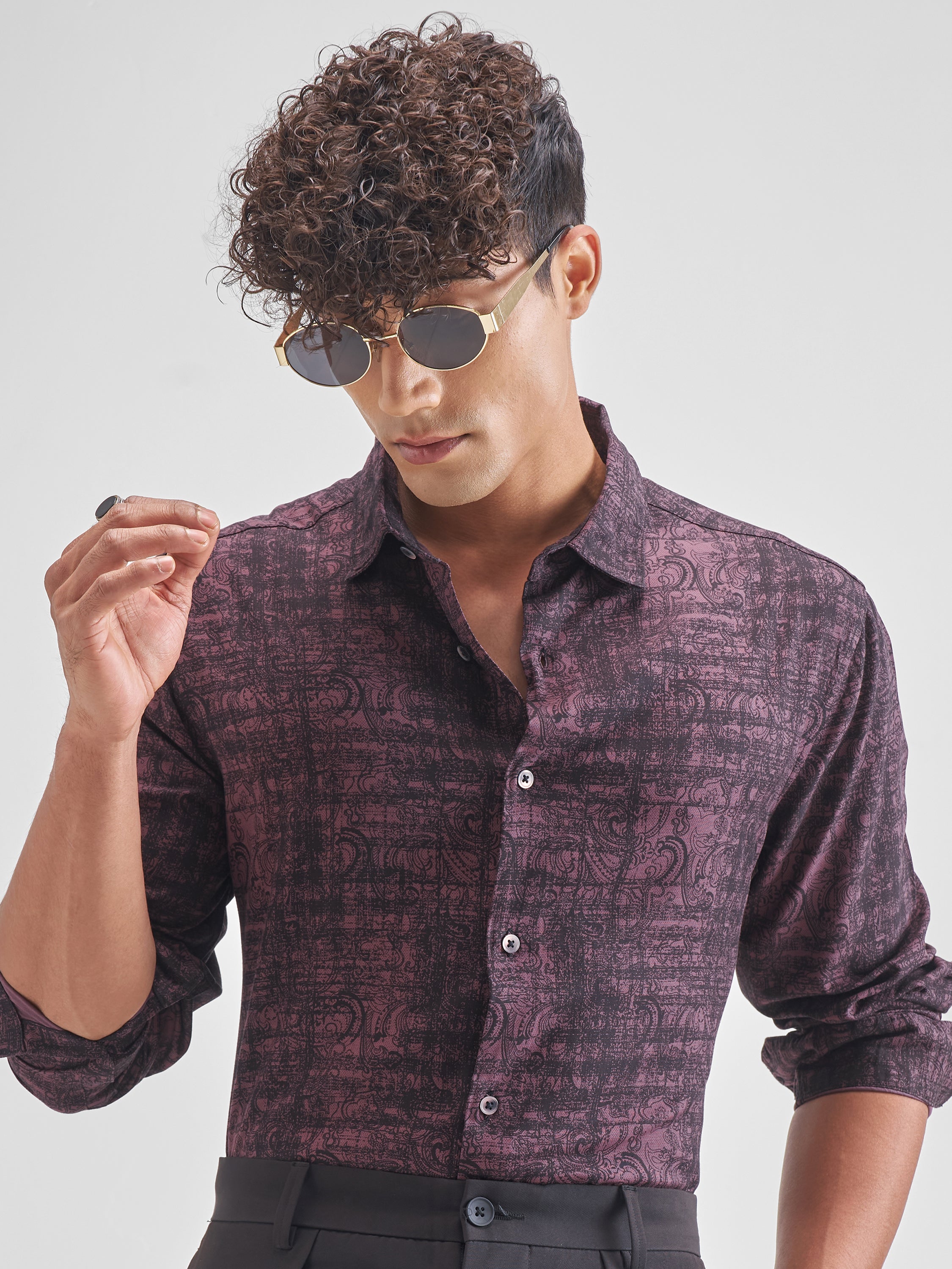 Highlander Men Purple Printed Slim Fit Casual Shirt - Purple - Image 1