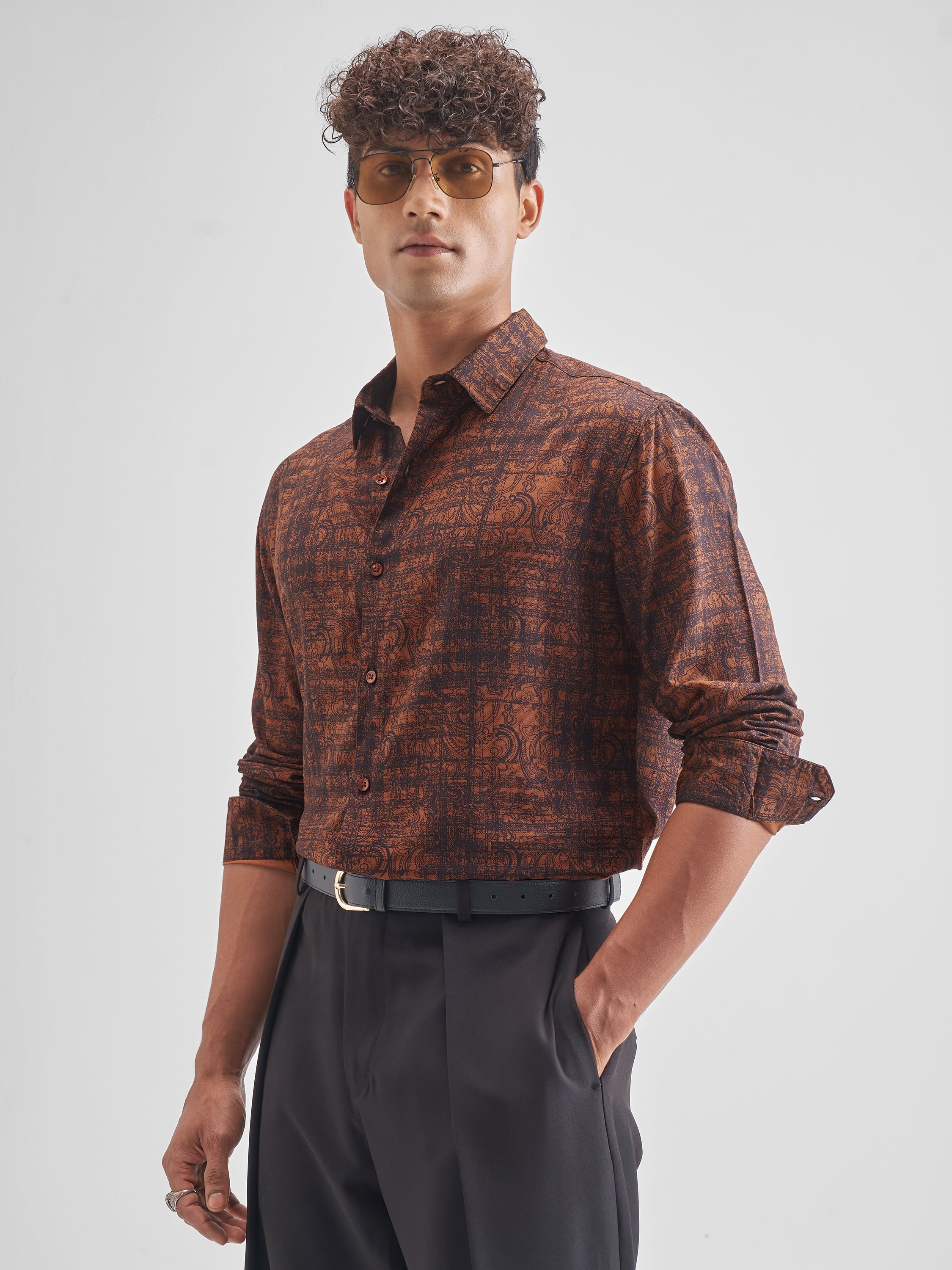 Highlander Men Rust Printed Slim Fit Casual Shirt - Rust - Image 4
