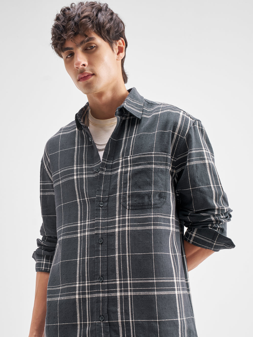 Highlander Men Charcoal Checked Relaxed Fit Casual Shirt - Charcoal - Image 1