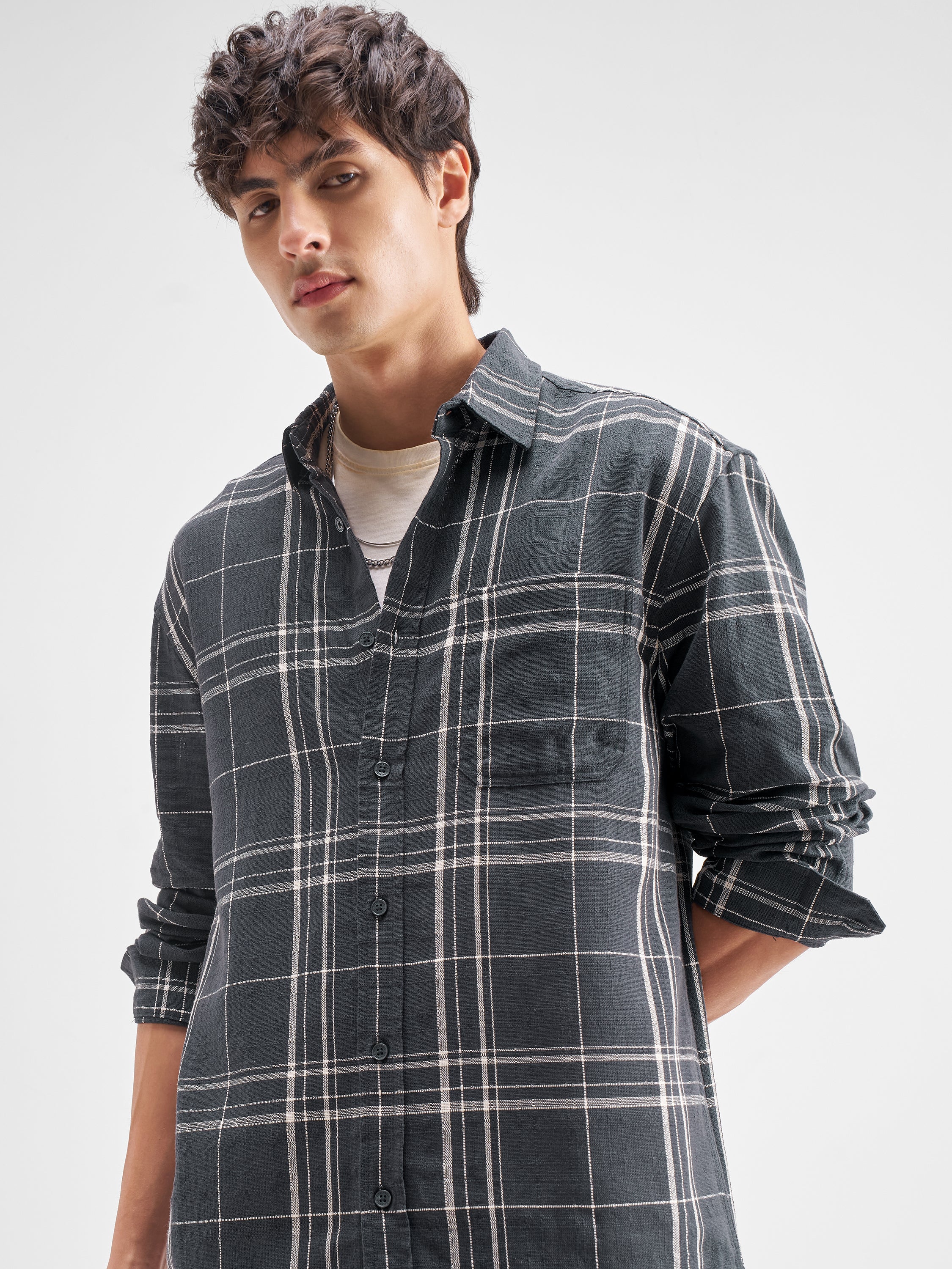 Highlander Men Charcoal Checked Relaxed Fit Casual Shirt - Charcoal - Image 1