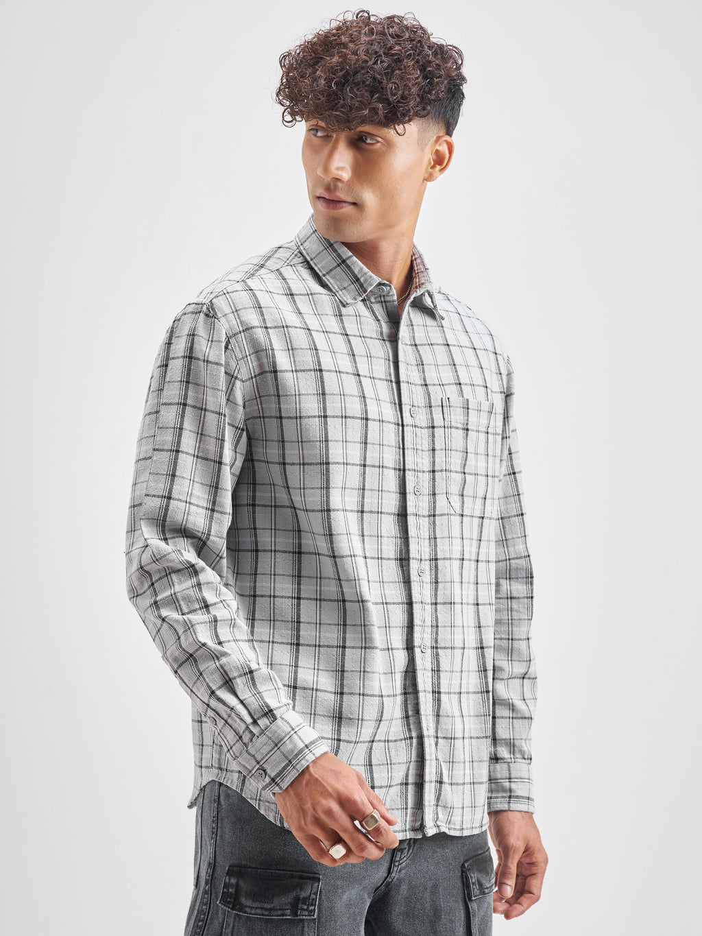Highlander Men Grey Checked Relaxed Fit Casual Shirt - Grey - Image 6