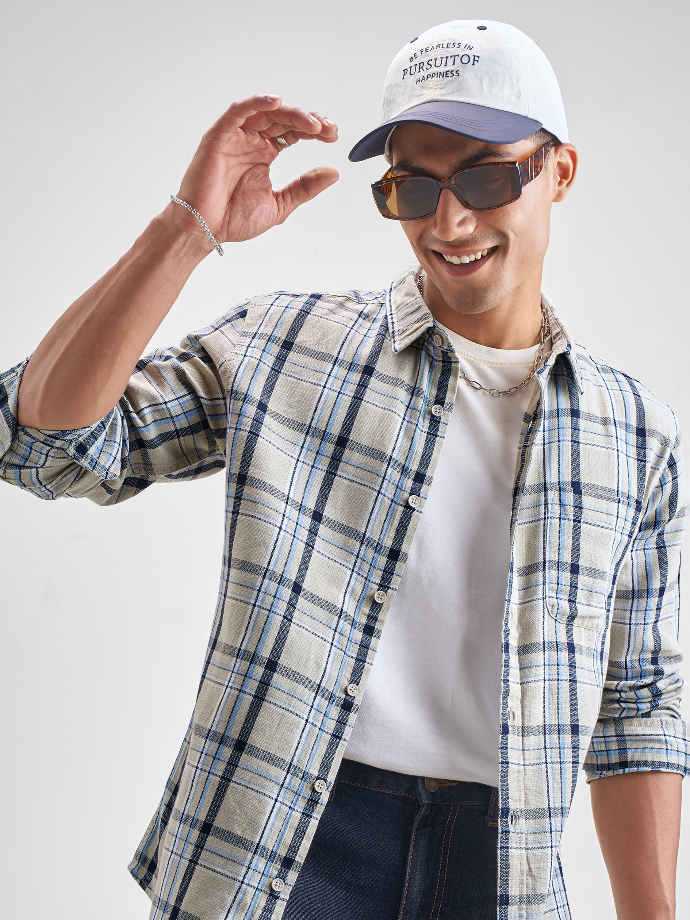 Highlander Men Blue Checked Slim Fit Casual Shirt - Blue - Image 1