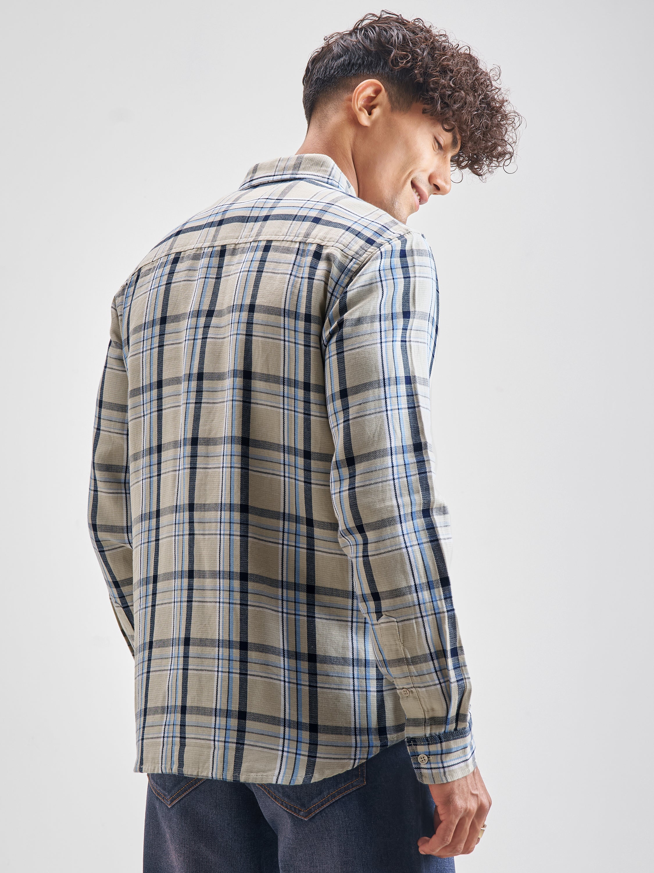 Highlander Men Blue Checked Slim Fit Casual Shirt - Blue - Image 3