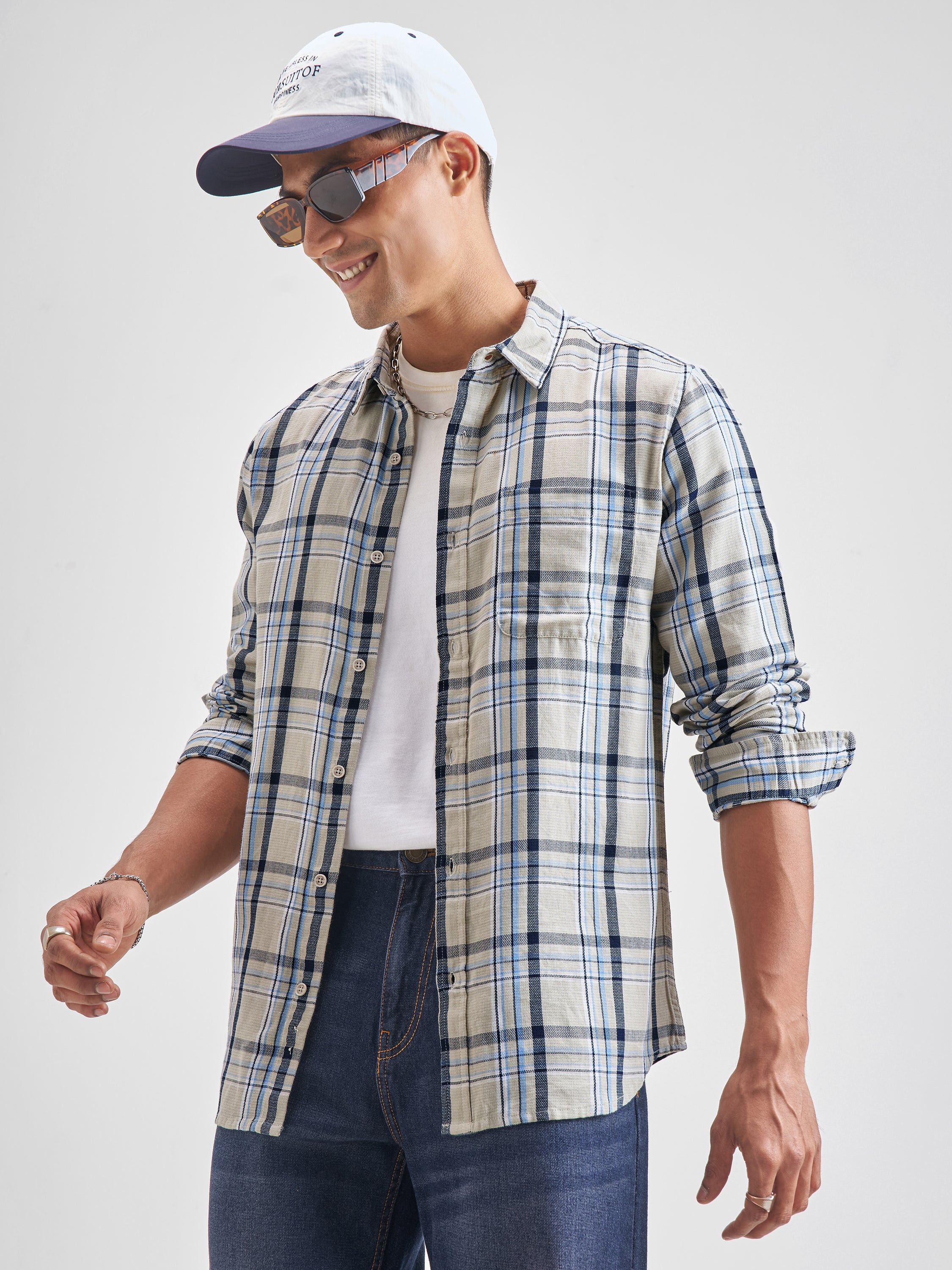 Highlander Men Blue Checked Slim Fit Casual Shirt - Blue - Image 4