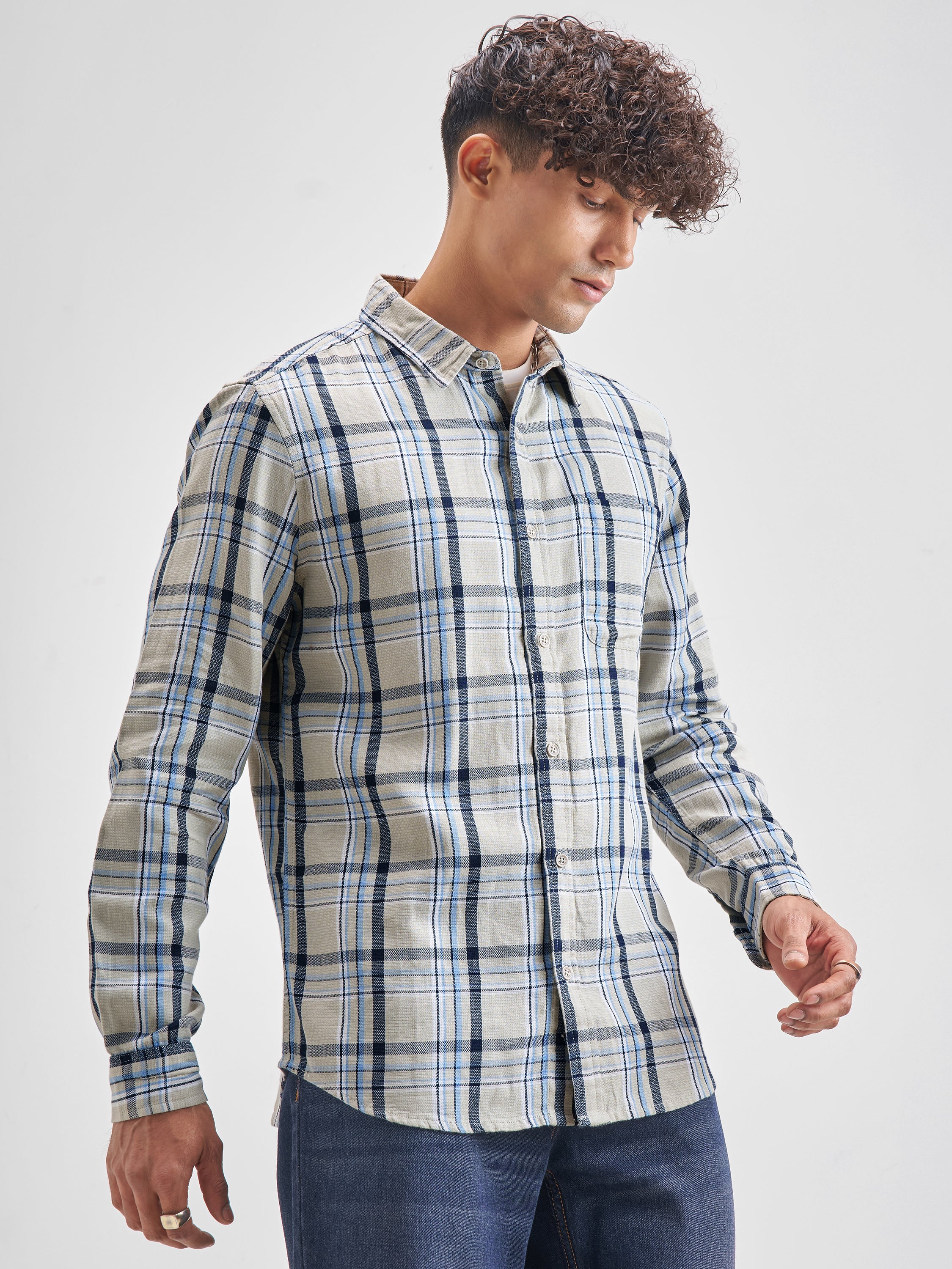 Highlander Men Blue Checked Slim Fit Casual Shirt - Blue - Image 6