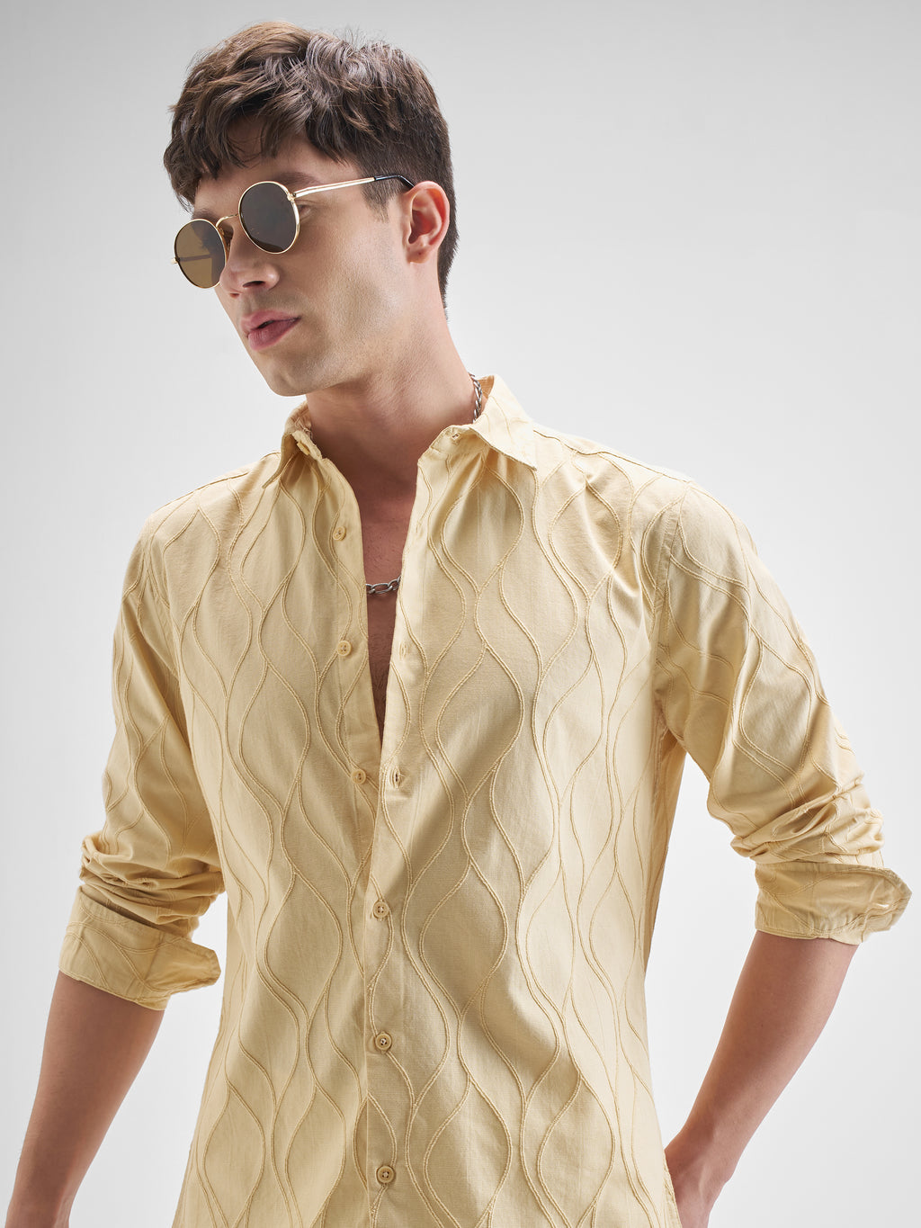 Highlander Men Beige Self Design Slim Fit Casual Shirt - Beige - Image 1