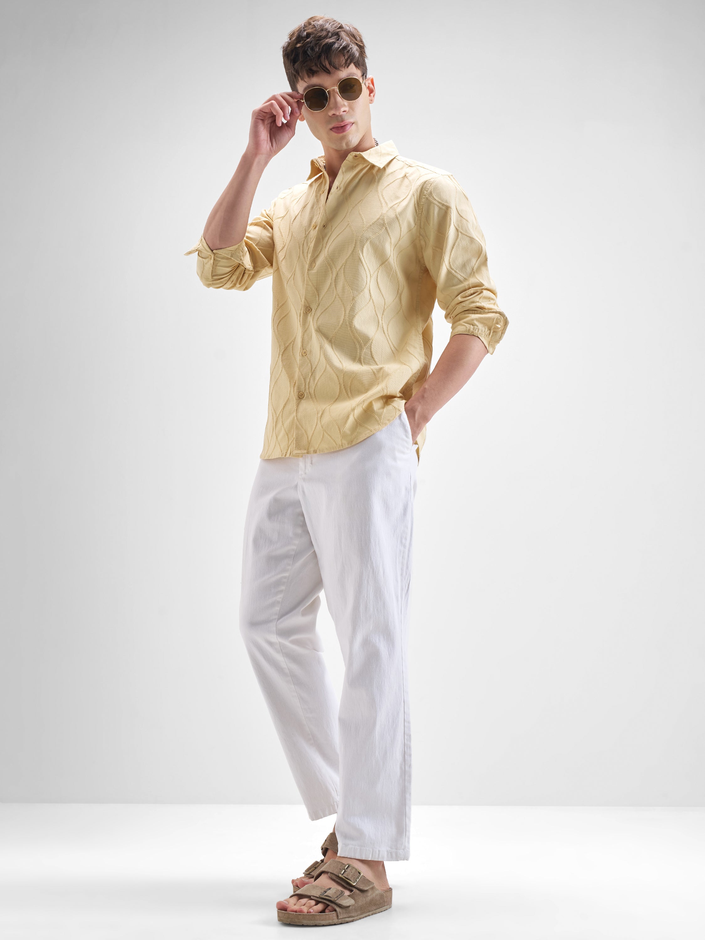 Highlander Men Beige Self Design Slim Fit Casual Shirt - Beige - Image 2