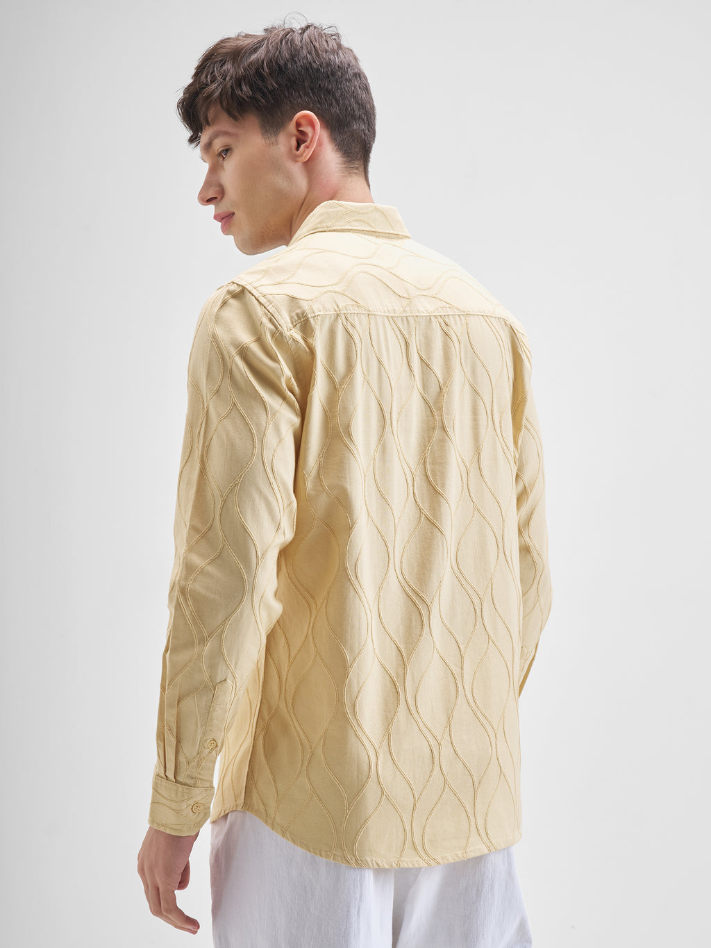 Highlander Men Beige Self Design Slim Fit Casual Shirt - Beige - Image 3