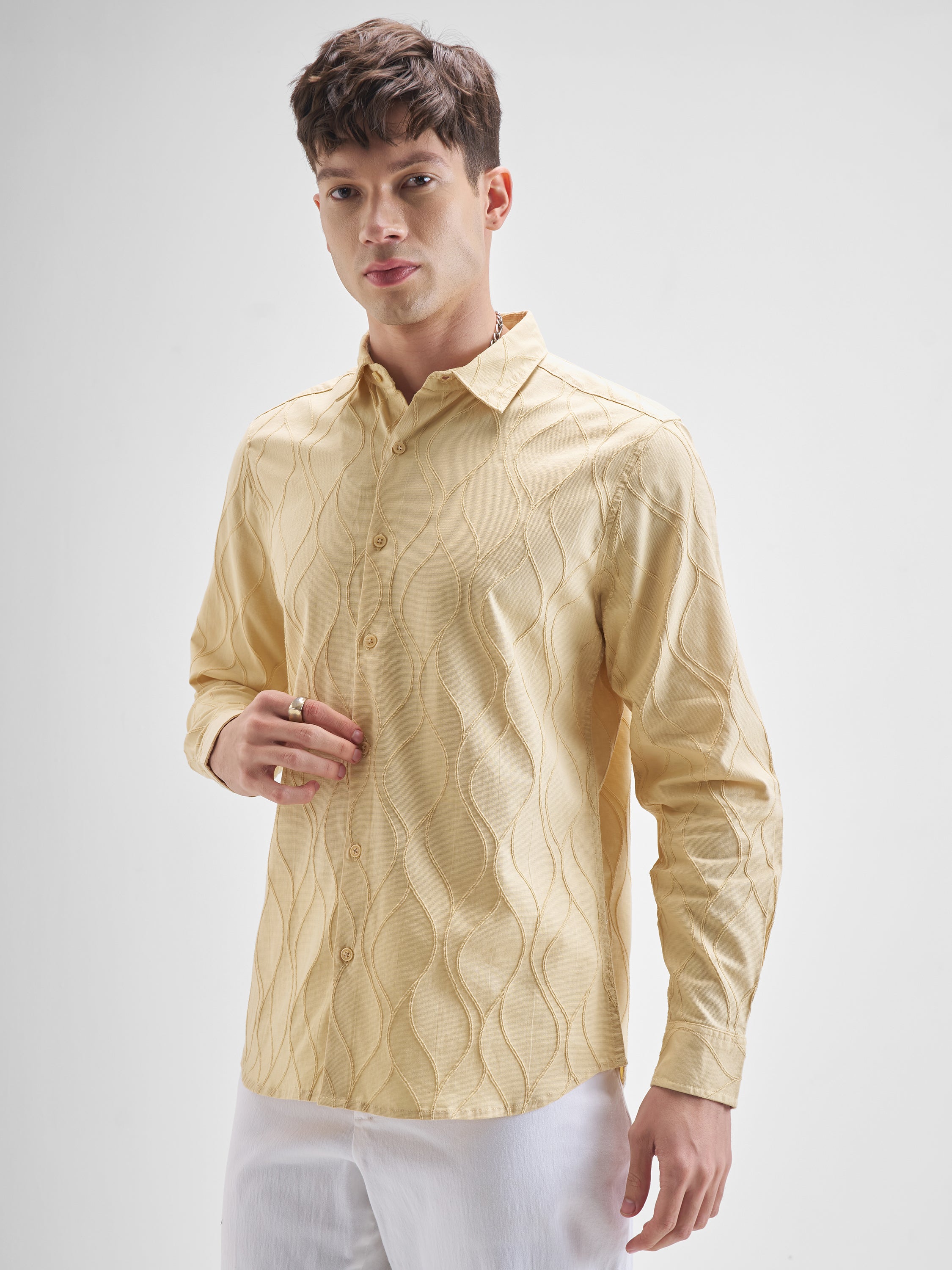 Highlander Men Beige Self Design Slim Fit Casual Shirt - Beige - Image 4