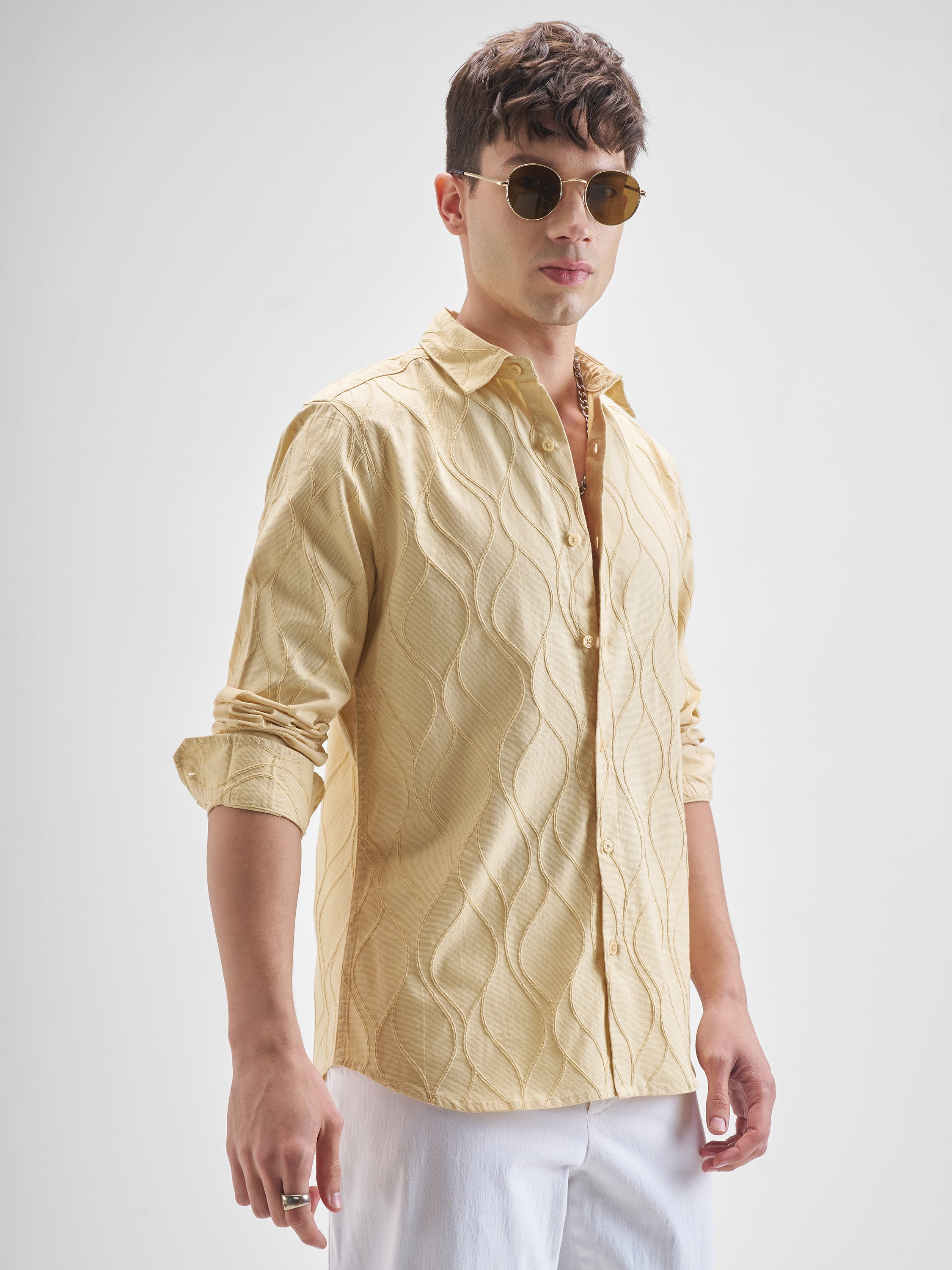 Highlander Men Beige Self Design Slim Fit Casual Shirt - Beige - Image 6