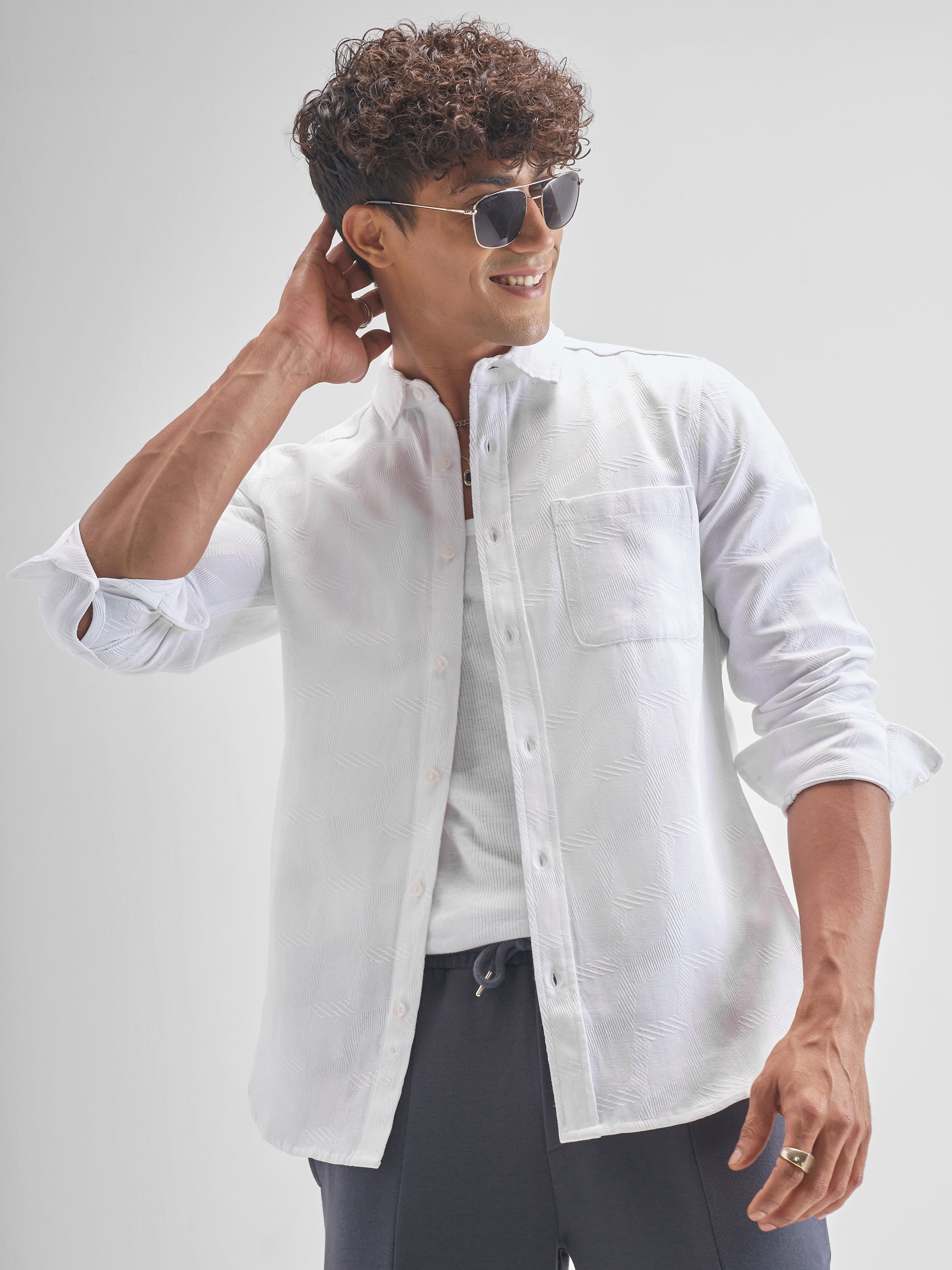 Highlander Men White Self Design Slim Fit Casual Shirt - White - Image 1