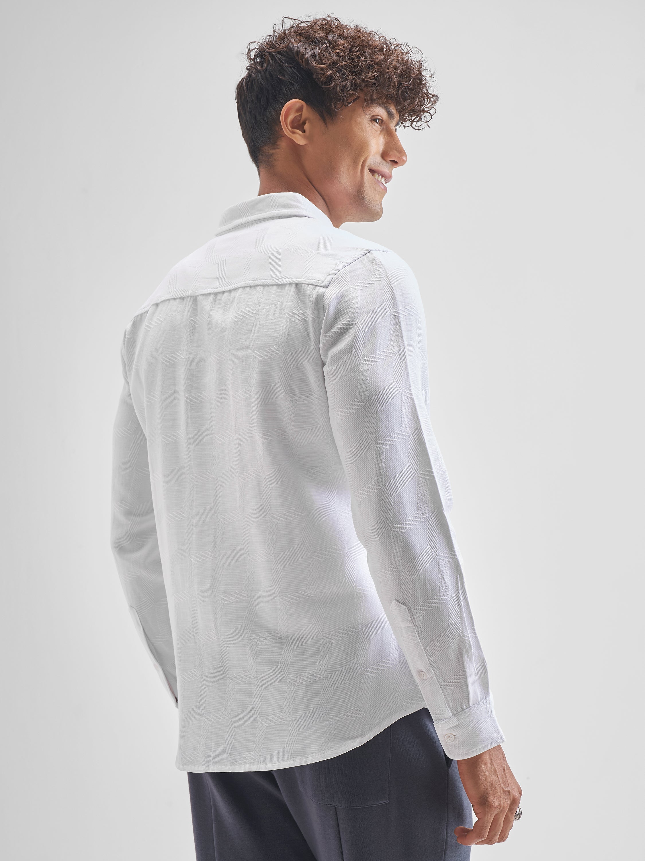 Highlander Men White Self Design Slim Fit Casual Shirt - White - Image 3