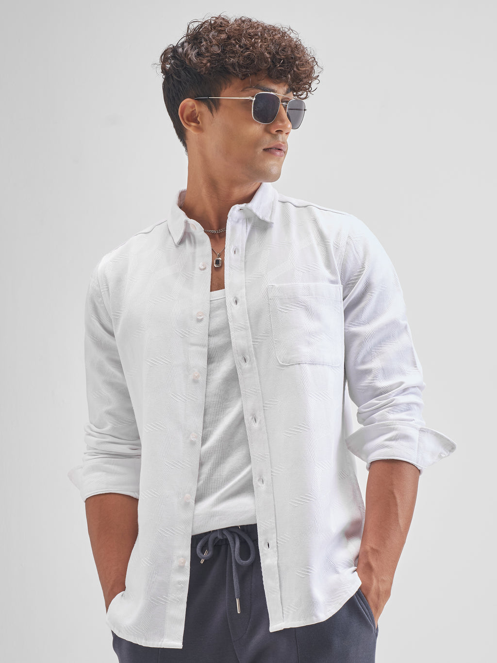 Highlander Men White Self Design Slim Fit Casual Shirt - White - Image 4