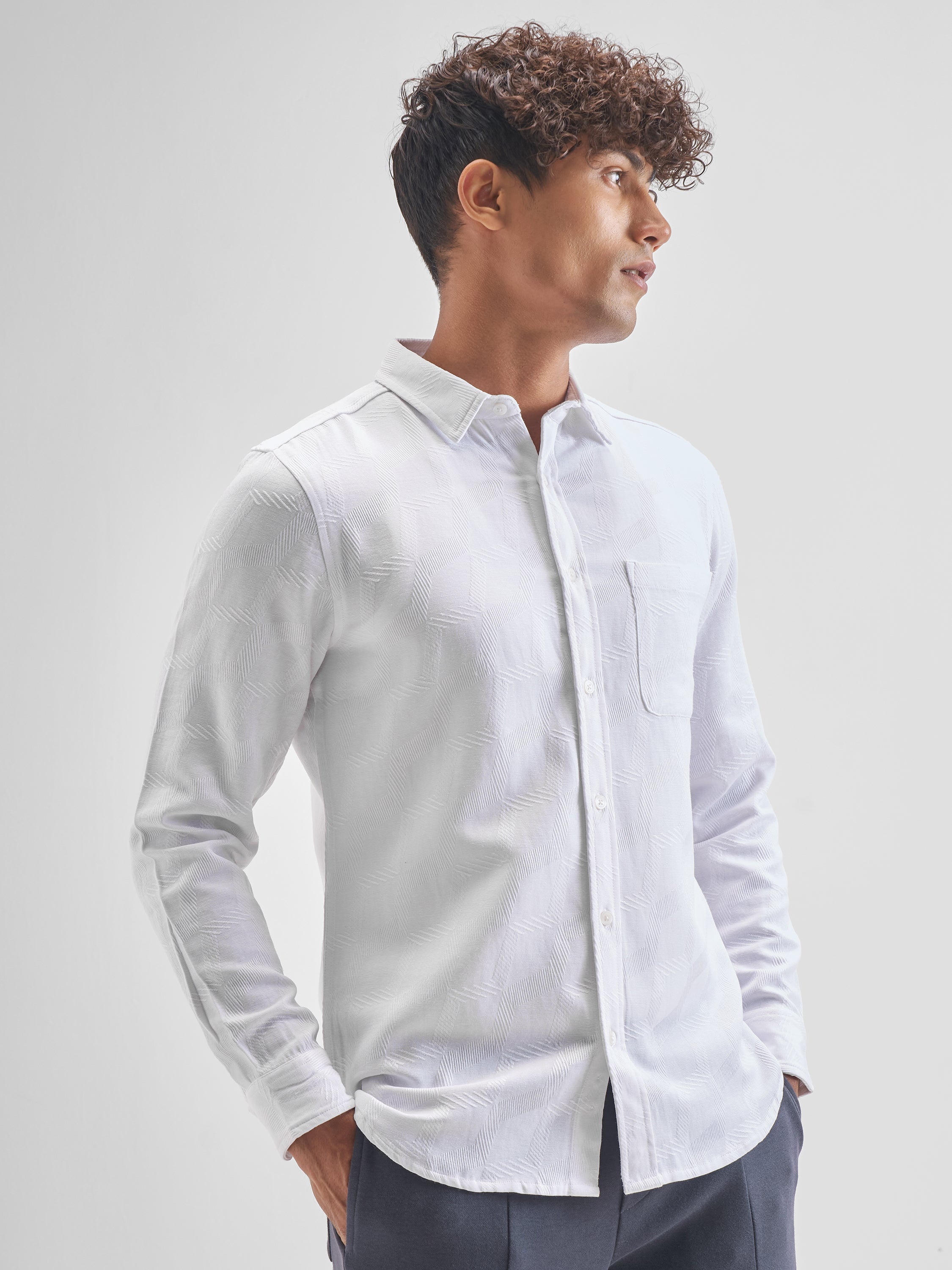 Highlander Men White Self Design Slim Fit Casual Shirt - White - Image 6