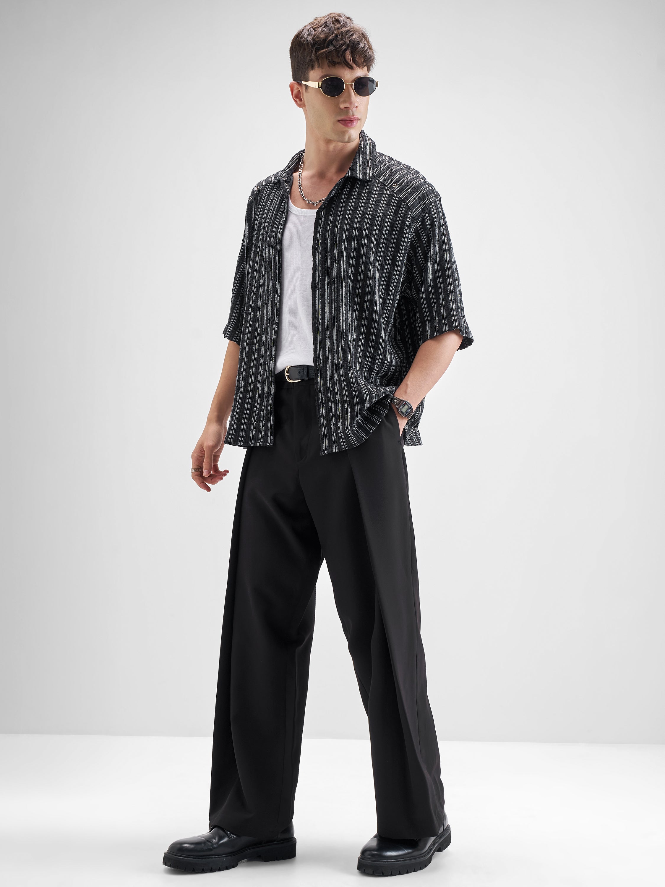 Highlander Men Black Striped Boxy Fit Casual Shirt - Black - Image 2