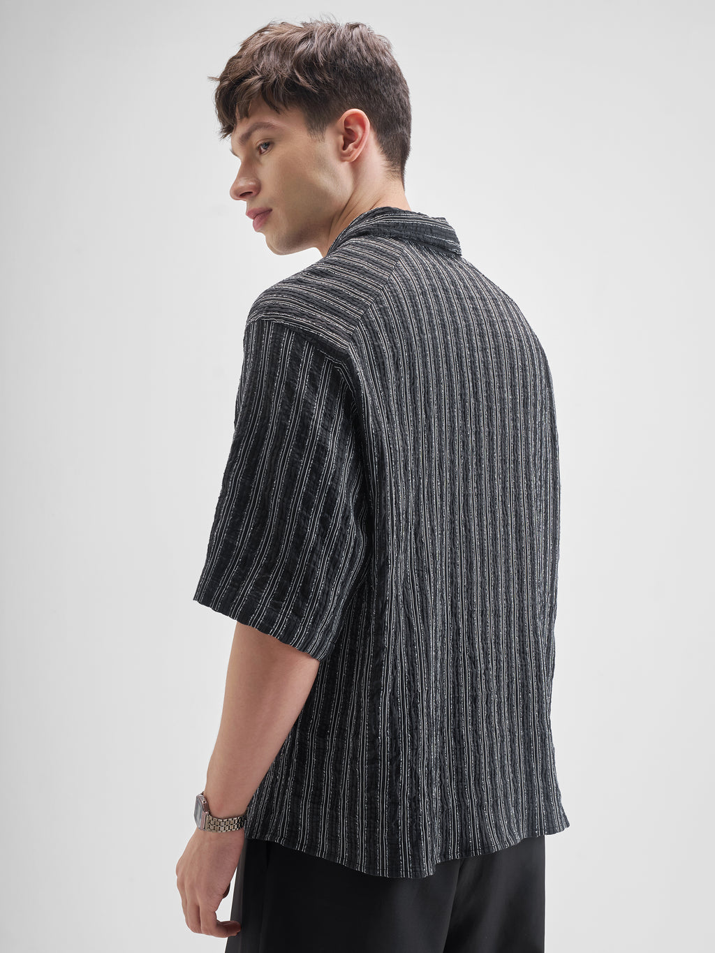 Highlander Men Black Striped Boxy Fit Casual Shirt - Black - Image 3