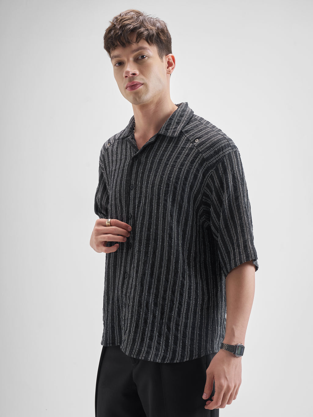 Highlander Men Black Striped Boxy Fit Casual Shirt - Black - Image 4