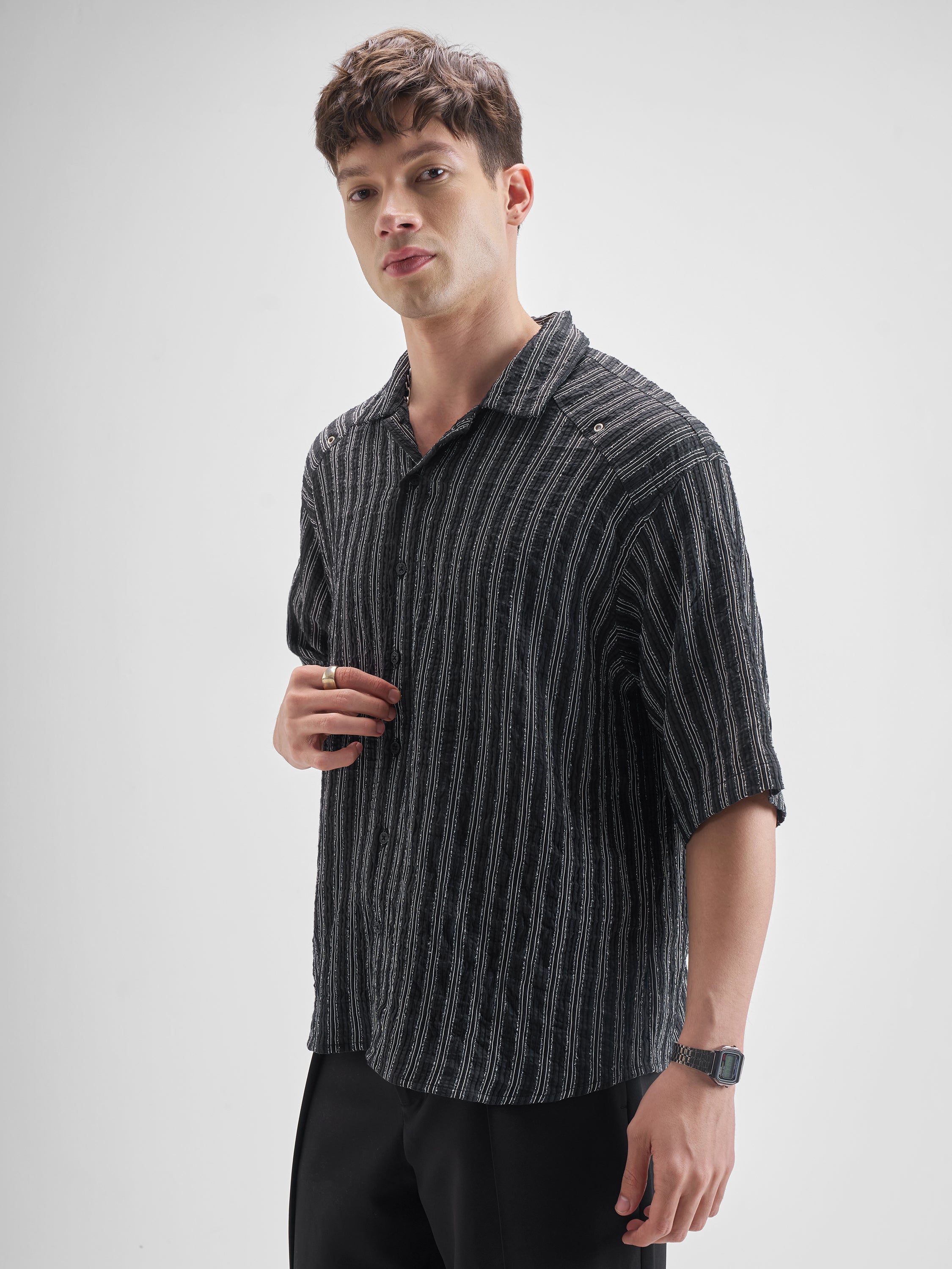 Highlander Men Black Striped Boxy Fit Casual Shirt - Black - Image 4