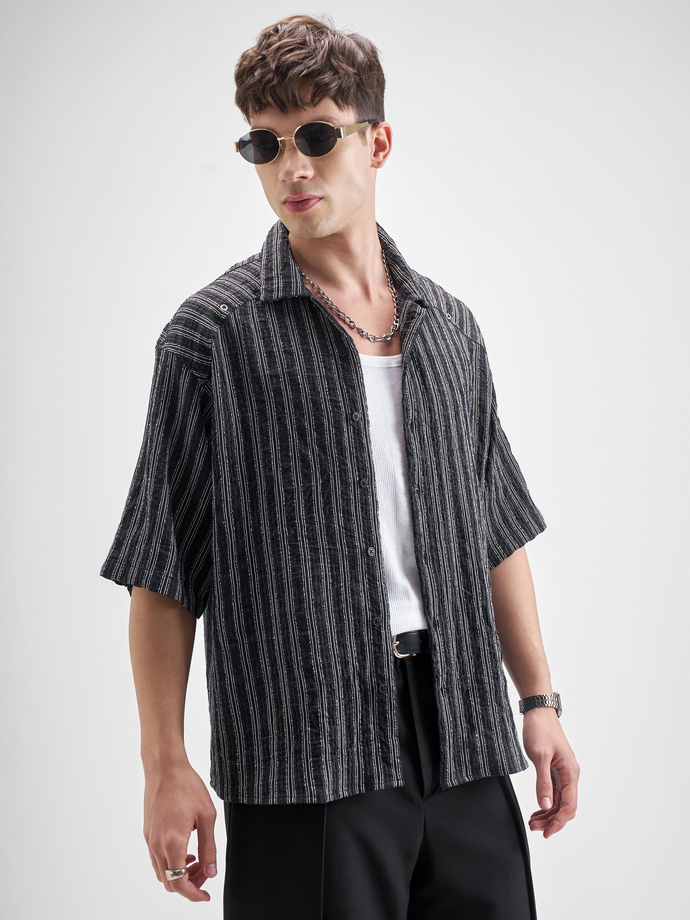 Highlander Men Black Striped Boxy Fit Casual Shirt - Black - Image 6