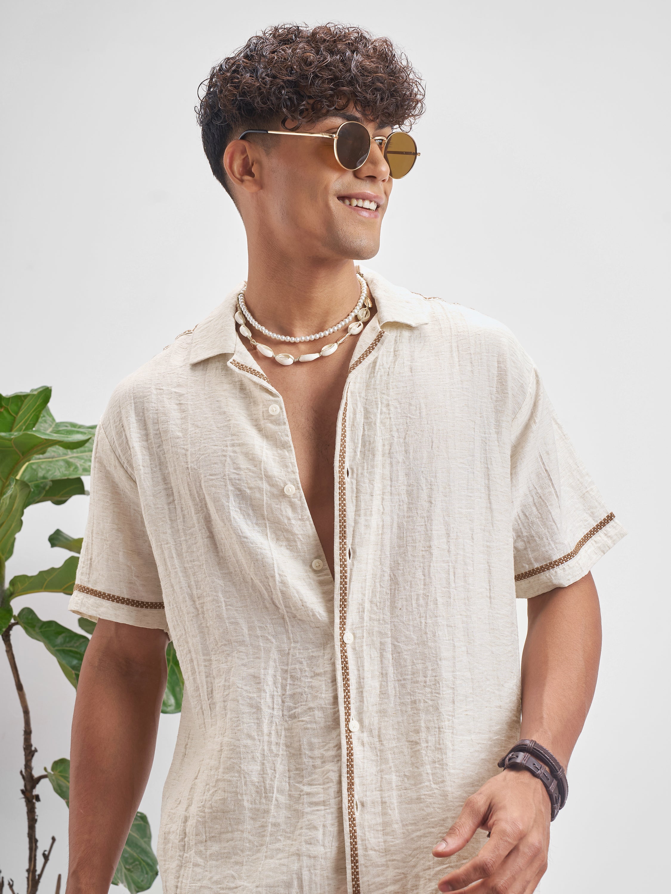 Highlander Men Beige Self Design Relaxed Fit Casual Shirt - Beige - Image 1