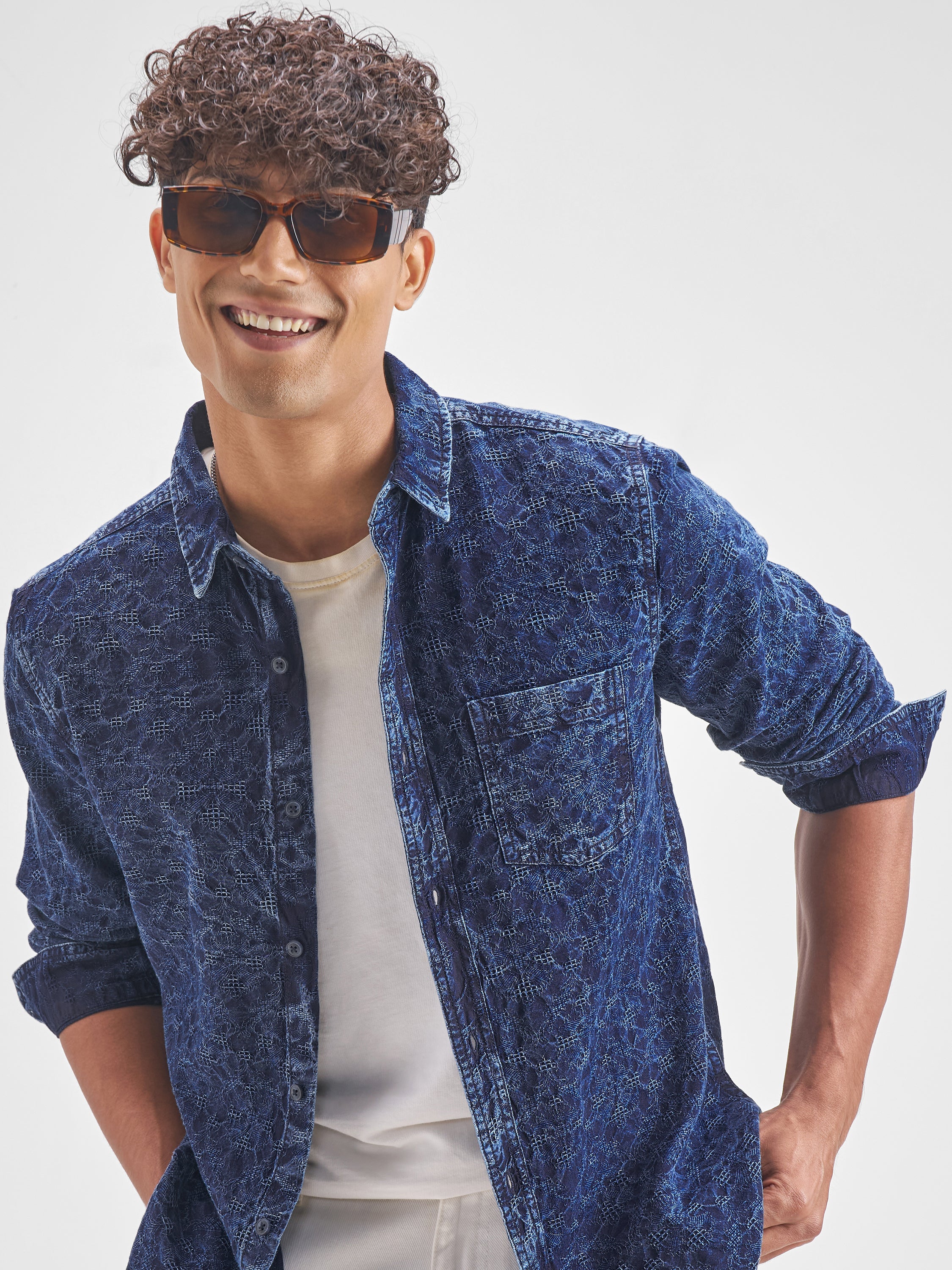 Highlander Men Navy Blue Self Design Slim Fit Casual Shirt - Navy Blue - Image 1
