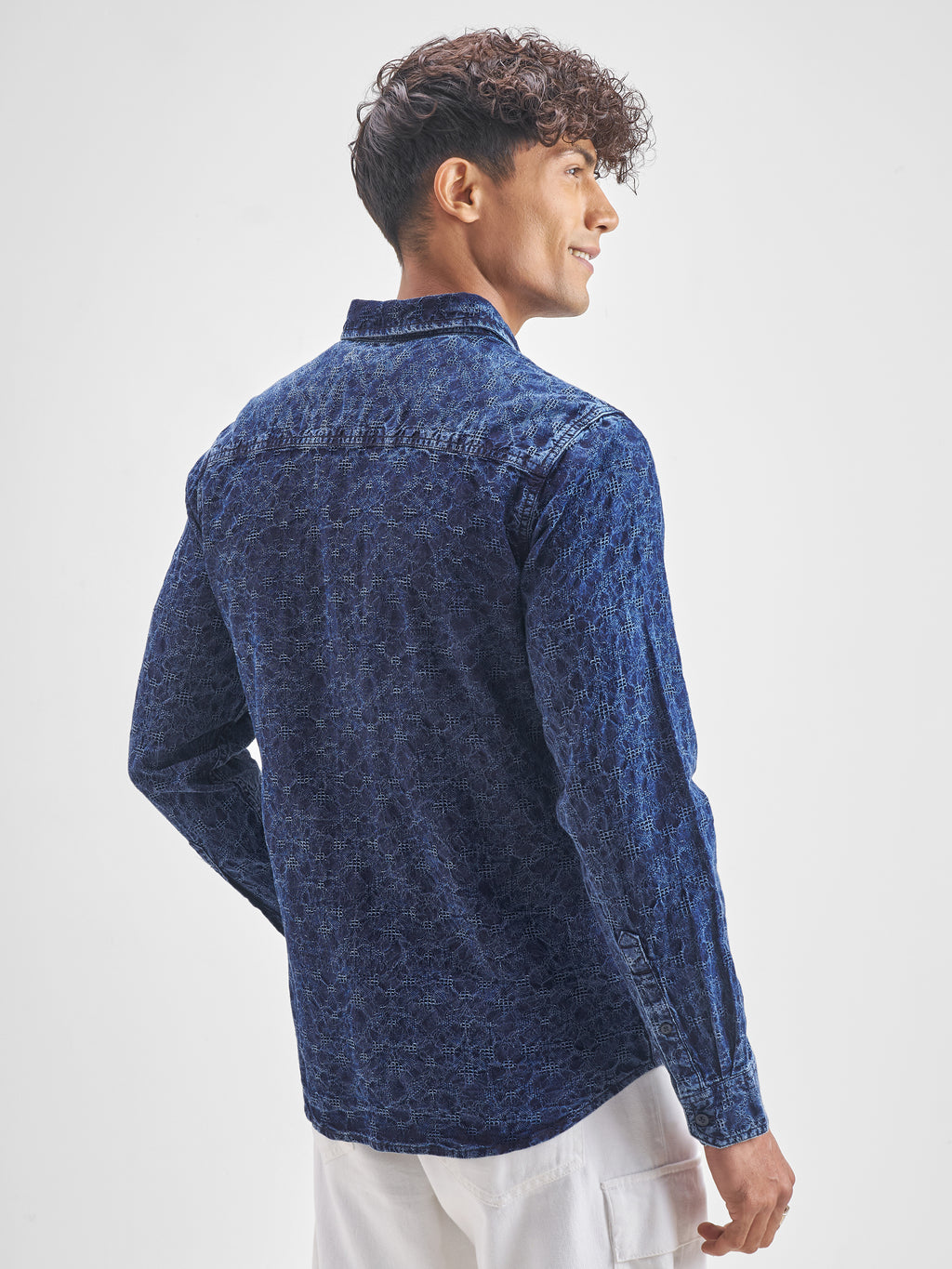 Highlander Men Navy Blue Self Design Slim Fit Casual Shirt - Navy Blue - Image 3