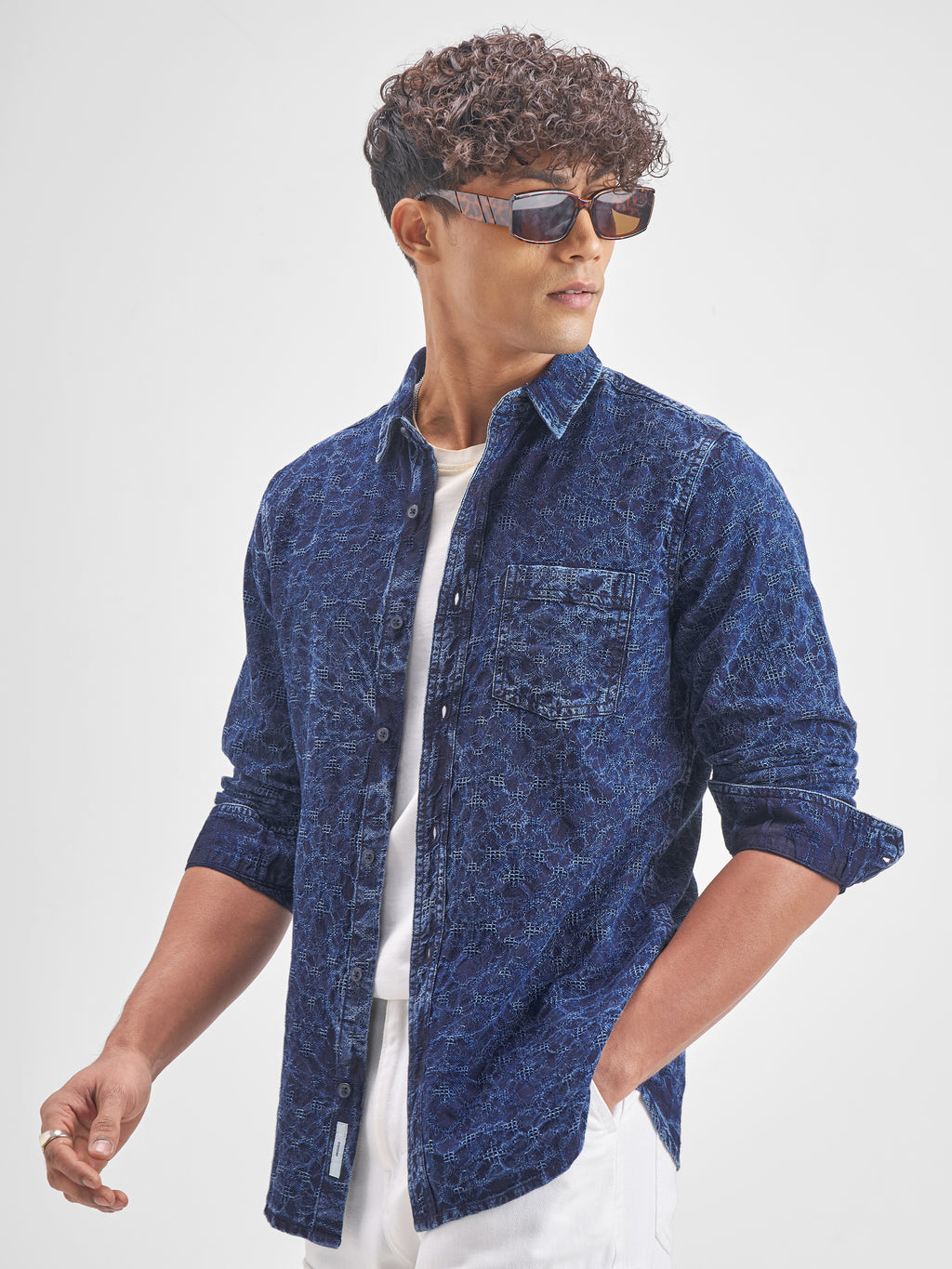 Highlander Men Navy Blue Self Design Slim Fit Casual Shirt - Navy Blue - Image 4