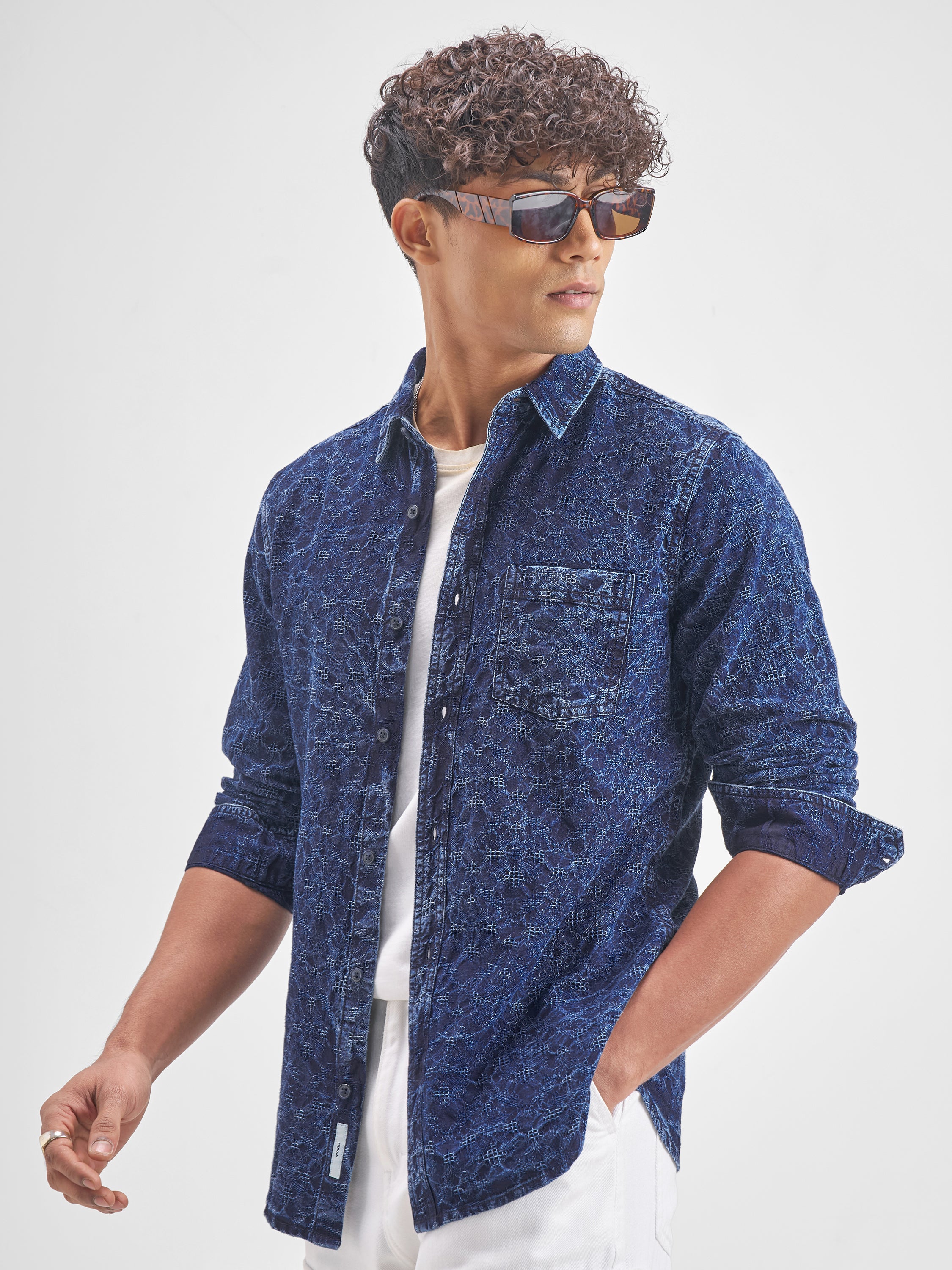 Highlander Men Navy Blue Self Design Slim Fit Casual Shirt - Navy Blue - Image 4
