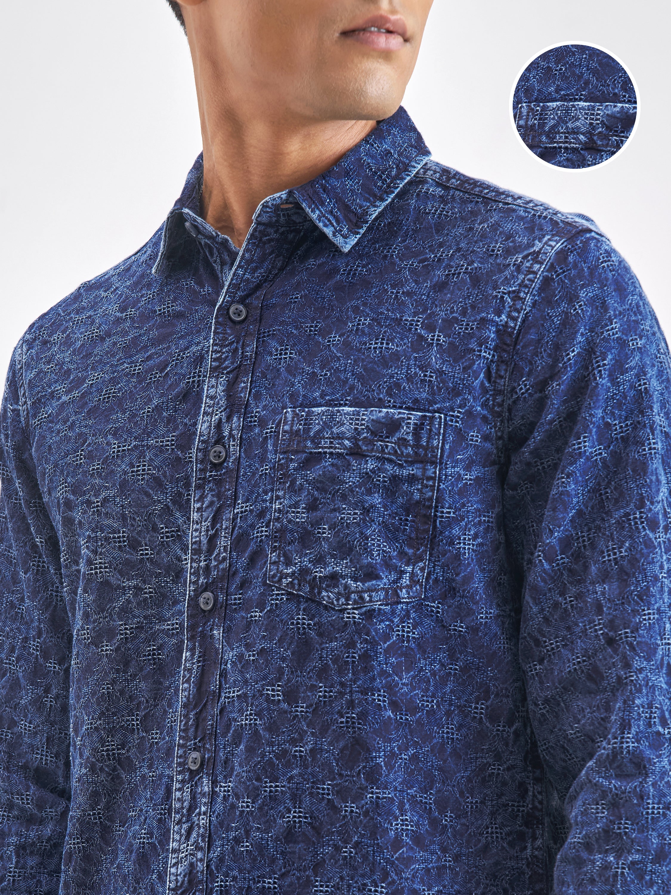Highlander Men Navy Blue Self Design Slim Fit Casual Shirt - Navy Blue - Image 5