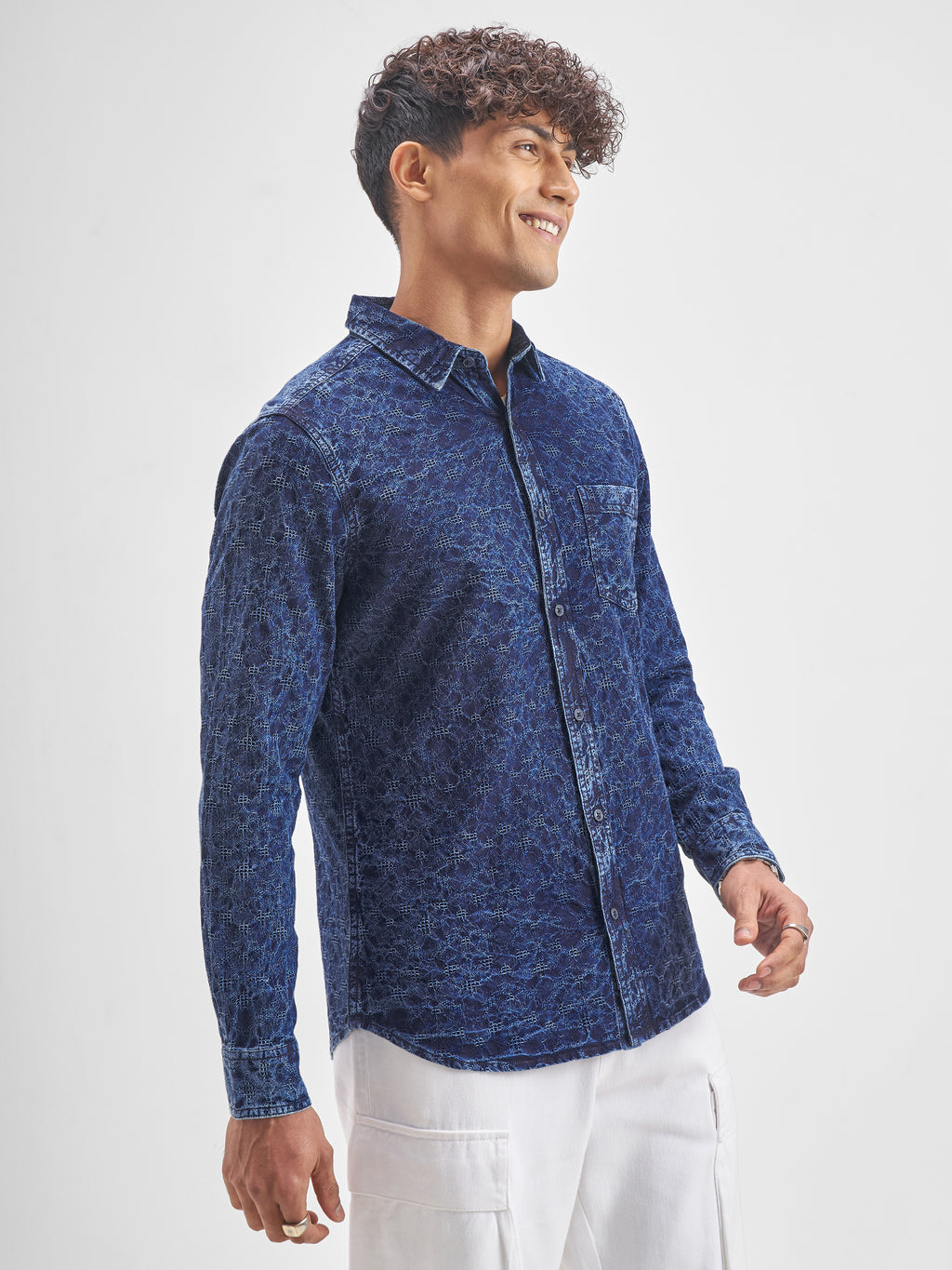 Highlander Men Navy Blue Self Design Slim Fit Casual Shirt - Navy Blue - Image 6