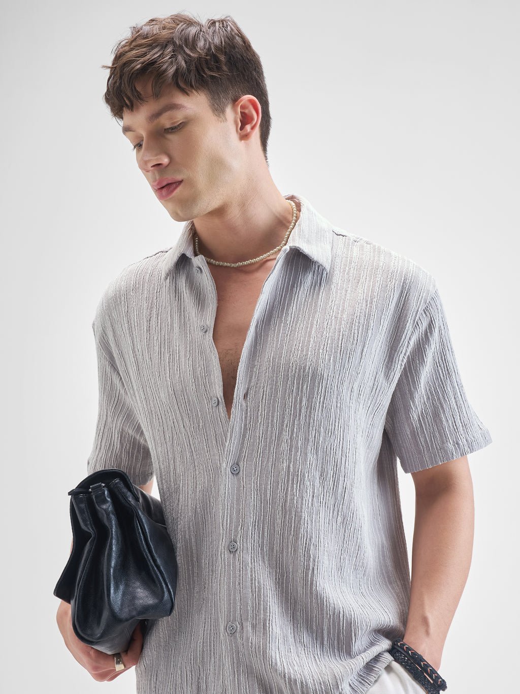 Highlander Men Grey Self Design Relaxed Fit Casual Shirt - Grey - Image 1