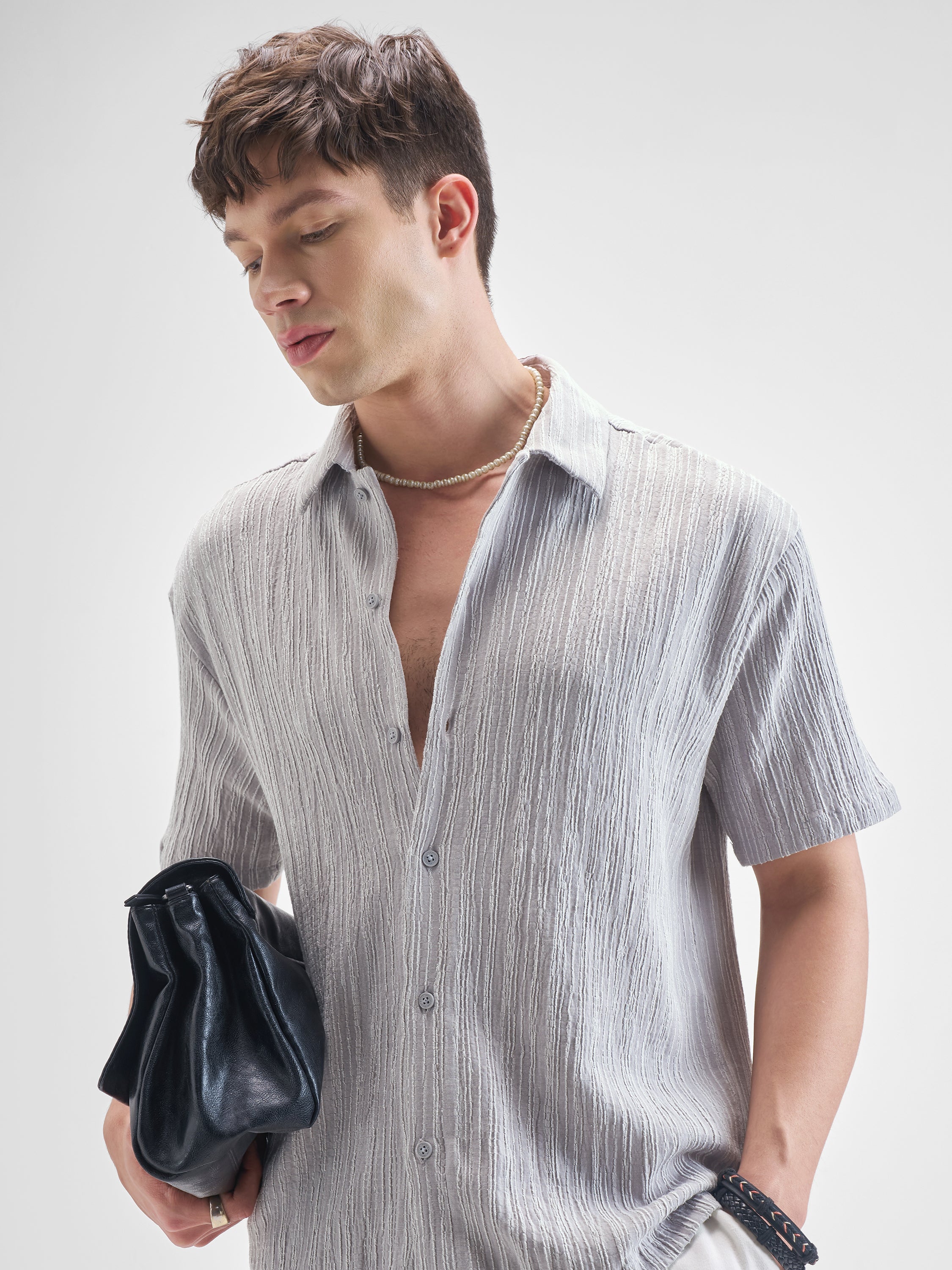 Highlander Men Grey Self Design Relaxed Fit Casual Shirt - Grey - Image 1