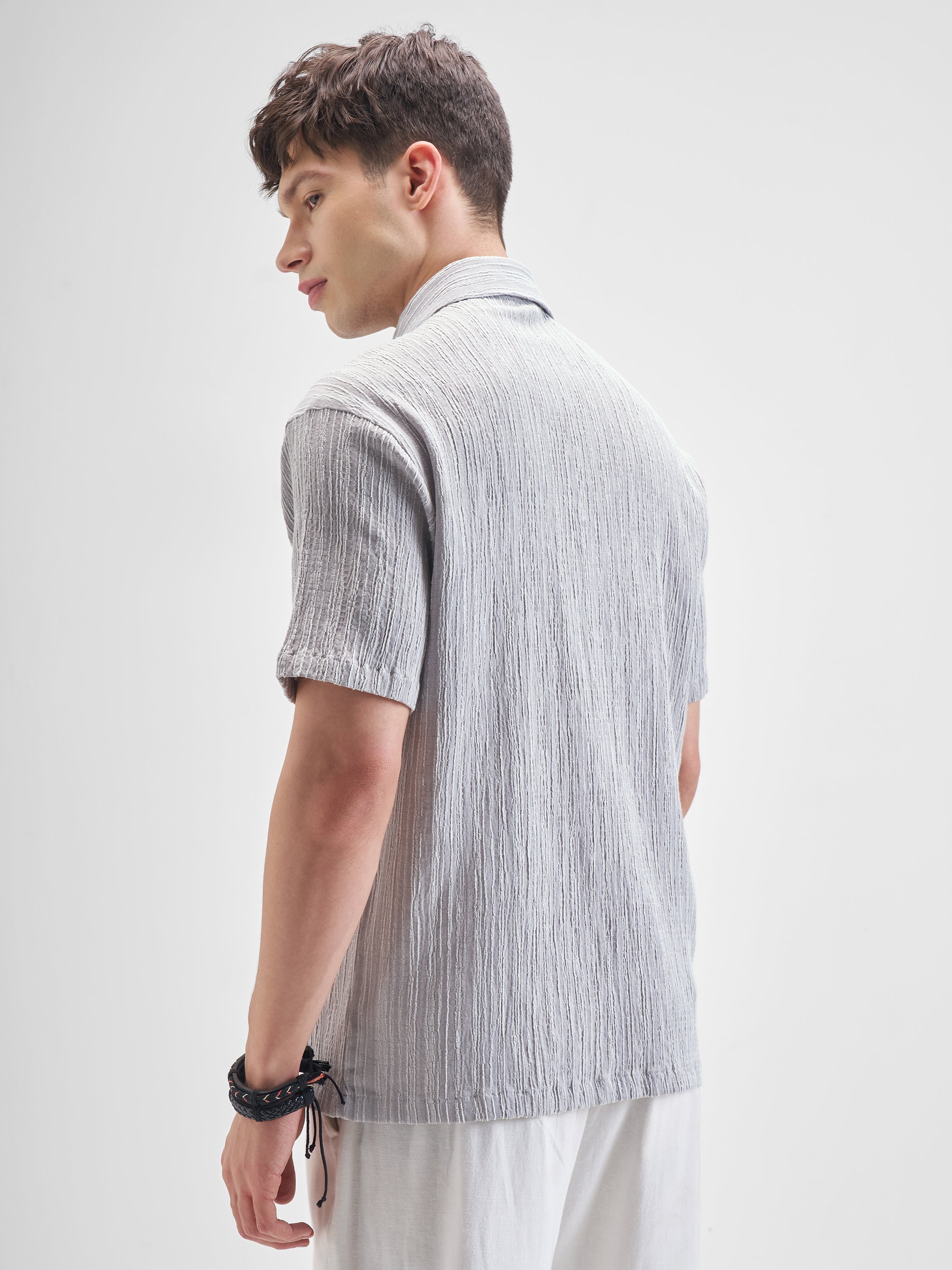 Highlander Men Grey Self Design Relaxed Fit Casual Shirt - Grey - Image 3