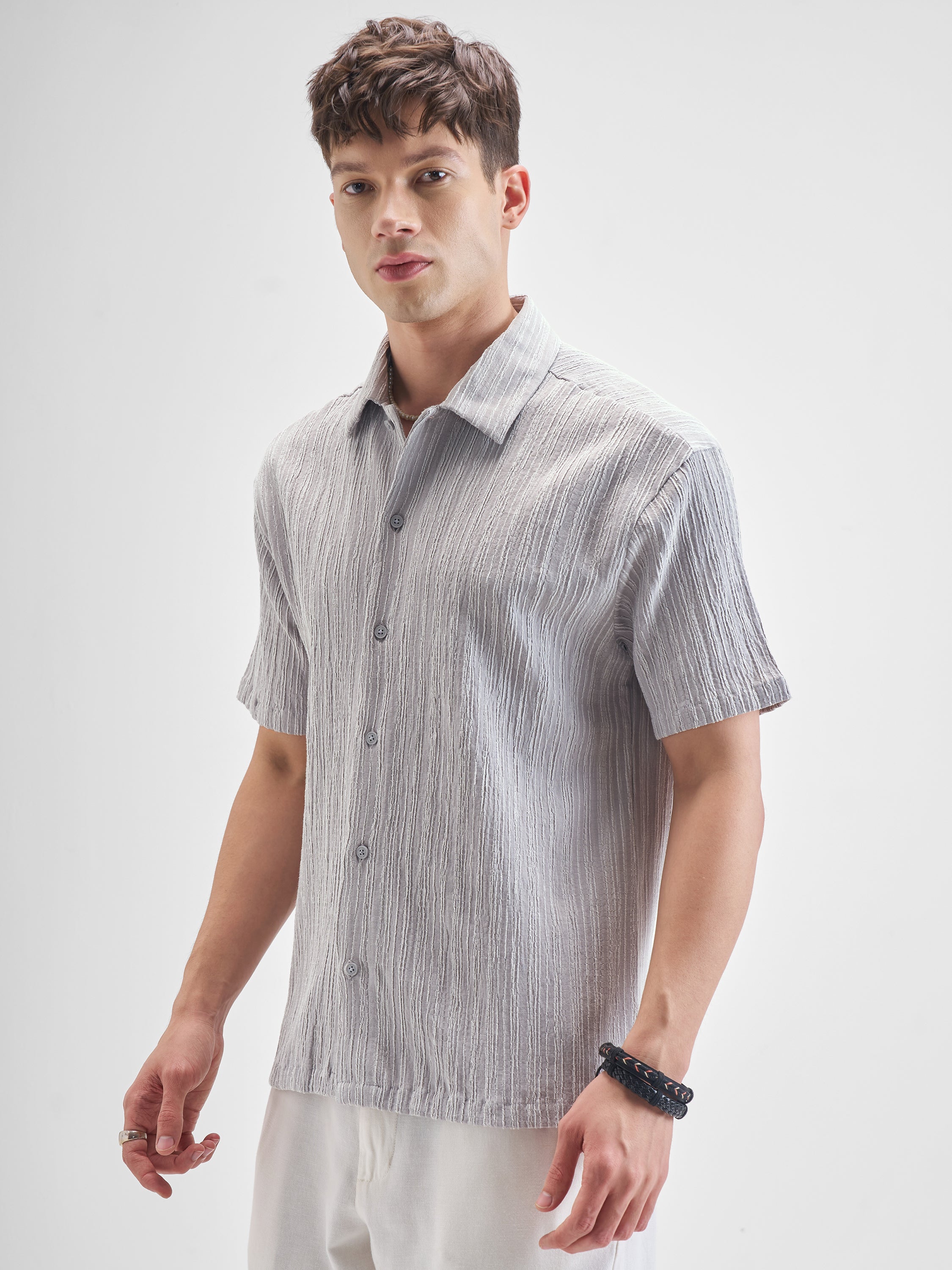 Highlander Men Grey Self Design Relaxed Fit Casual Shirt - Grey - Image 4