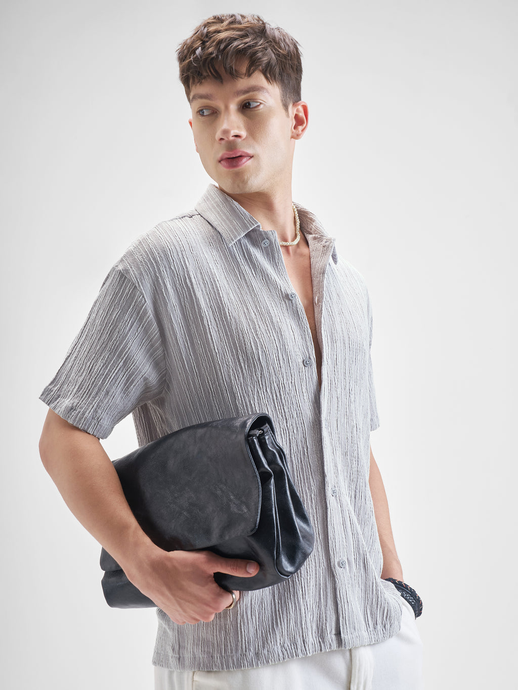 Highlander Men Grey Self Design Relaxed Fit Casual Shirt - Grey - Image 6
