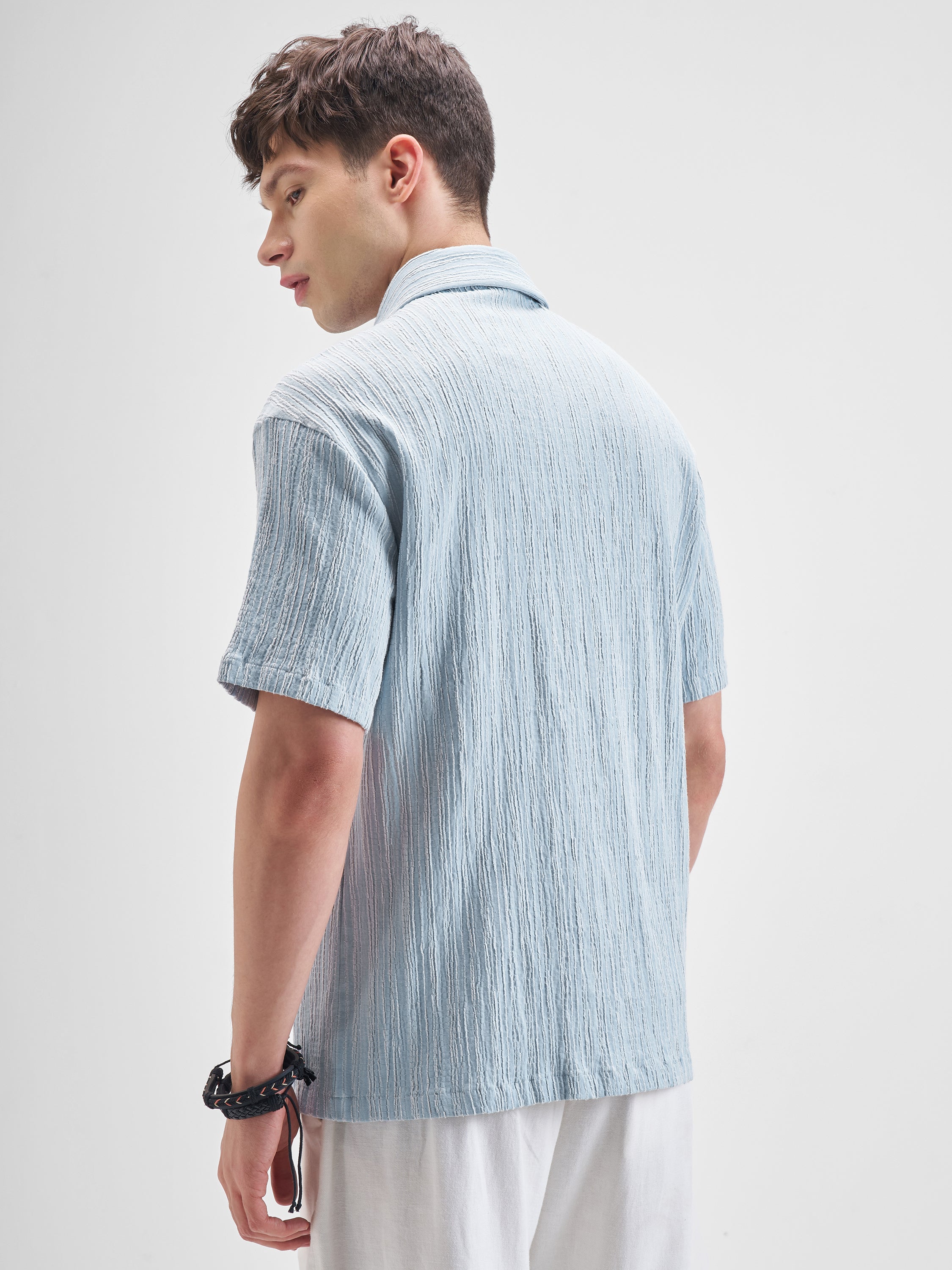 Highlander Men Blue Self Design Relaxed Fit Casual Shirt - Blue - Image 3