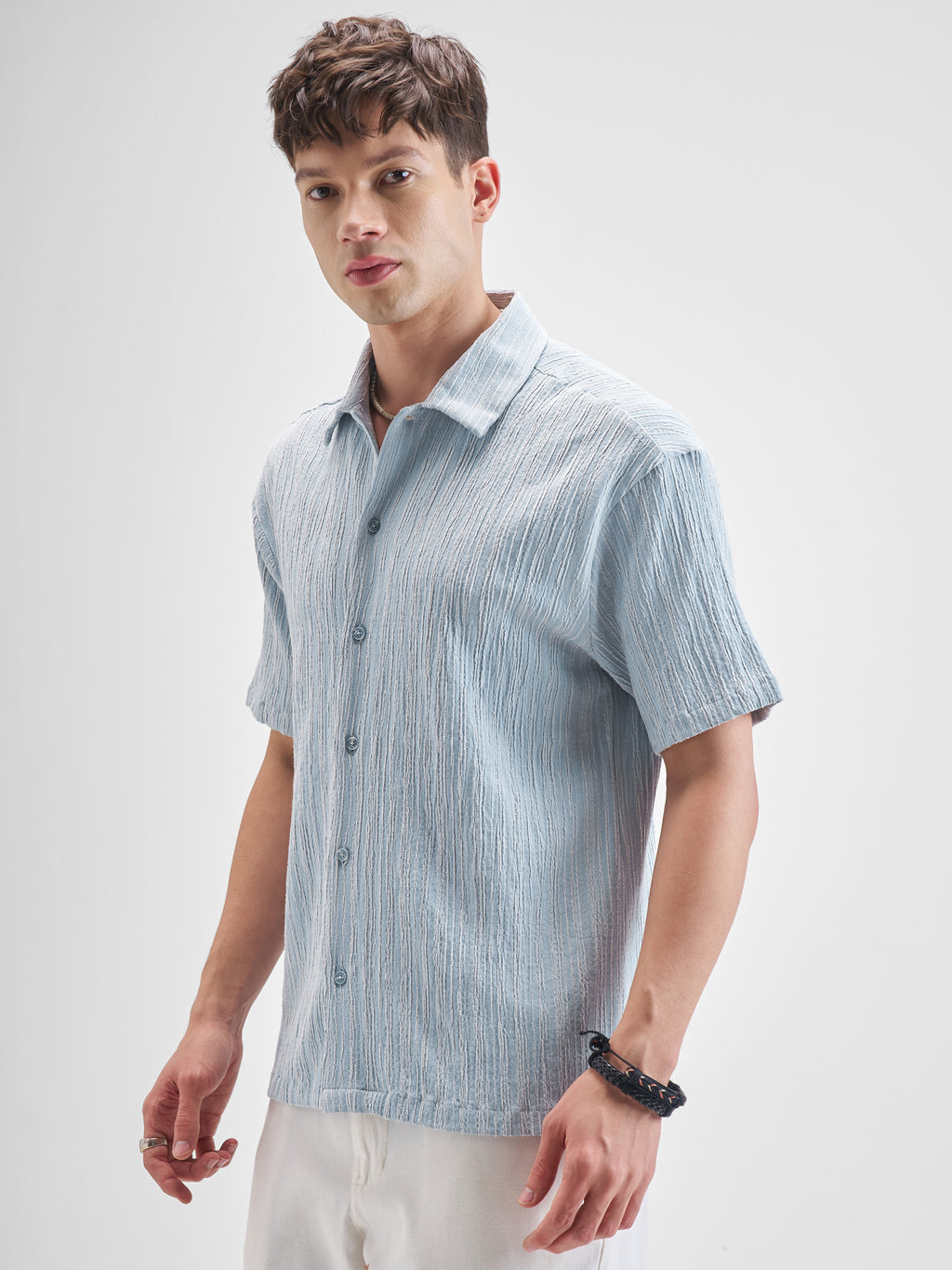 Highlander Men Blue Self Design Relaxed Fit Casual Shirt - Blue - Image 4