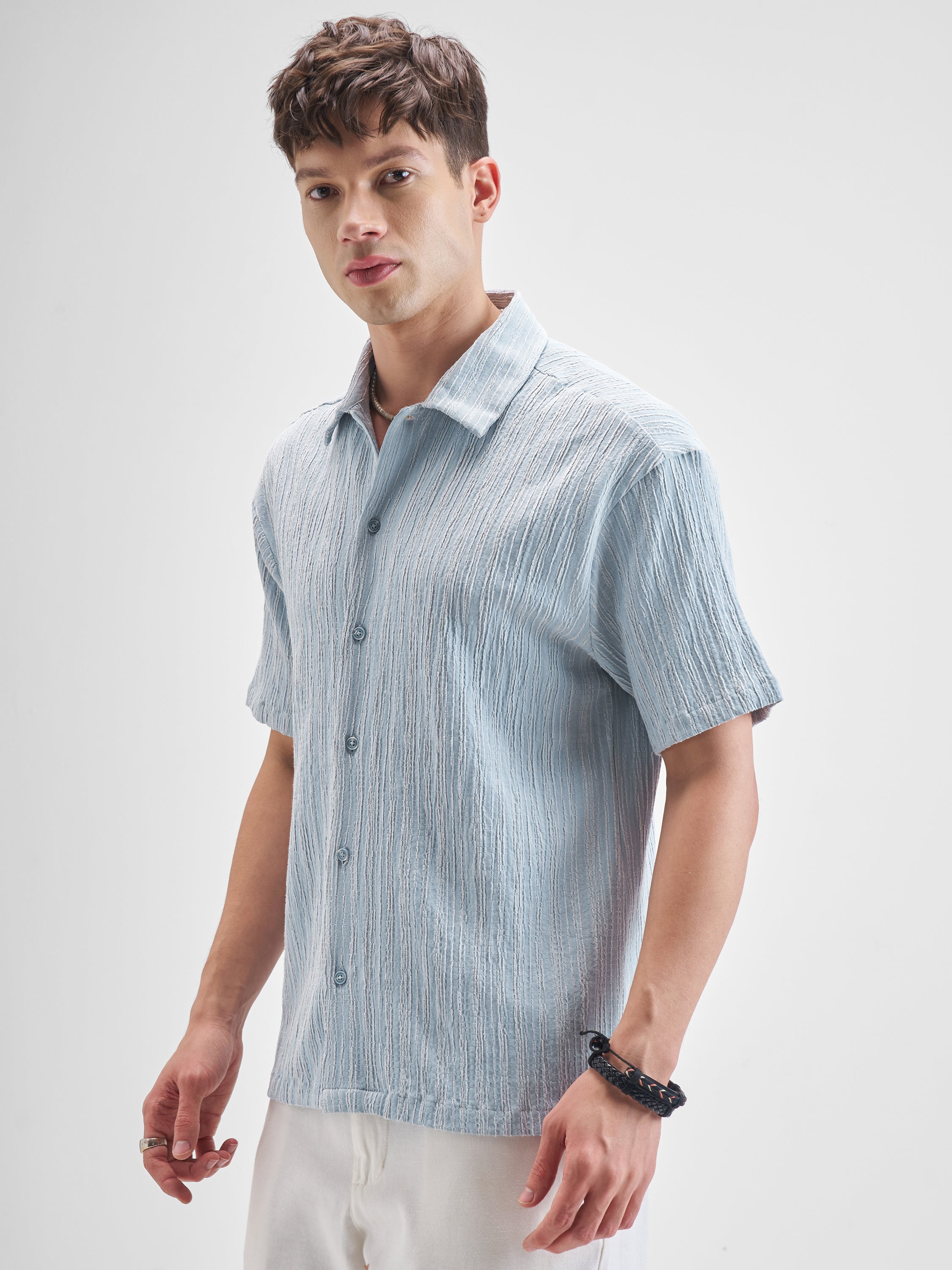 Highlander Men Blue Self Design Relaxed Fit Casual Shirt - Blue - Image 4