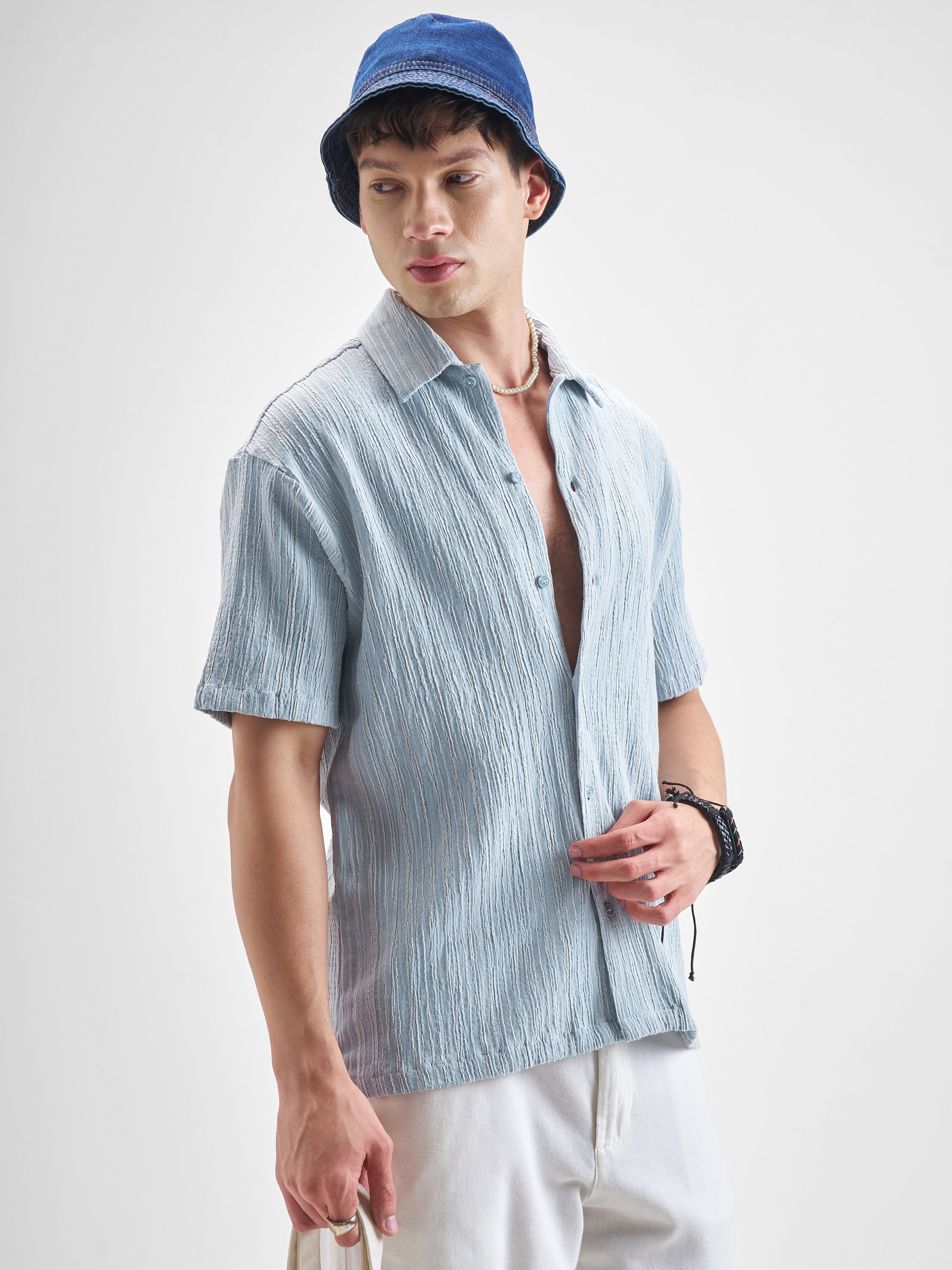 Highlander Men Blue Self Design Relaxed Fit Casual Shirt - Blue - Image 6
