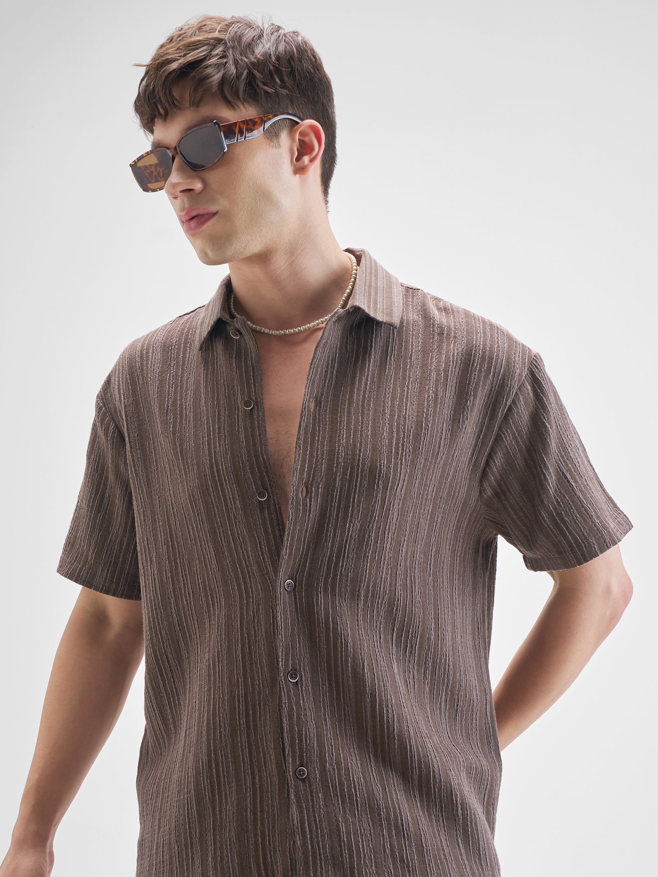 Highlander Men Brown Self Design Relaxed Fit Casual Shirt - Brown - Image 1
