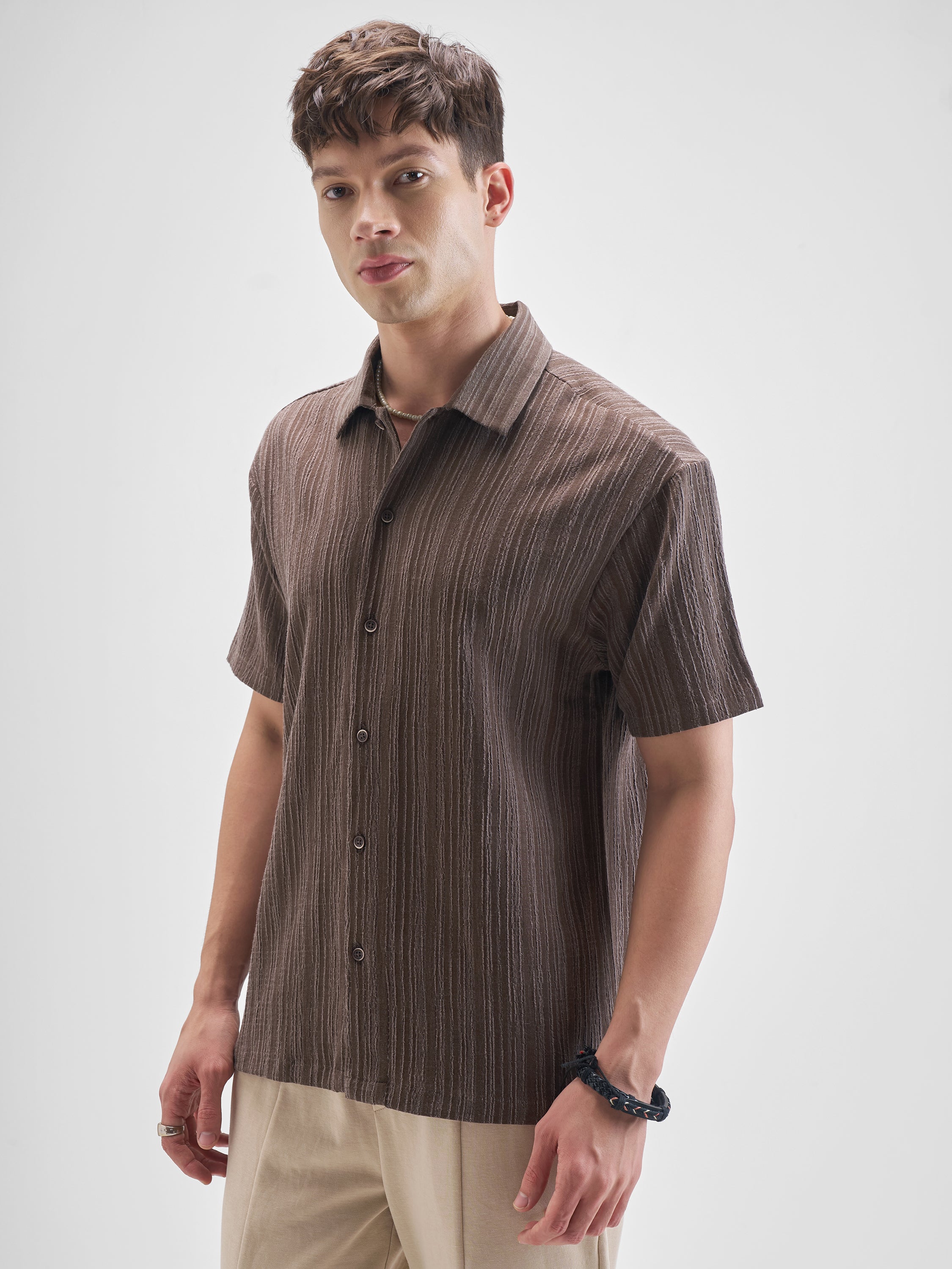 Highlander Men Brown Self Design Relaxed Fit Casual Shirt - Brown - Image 4