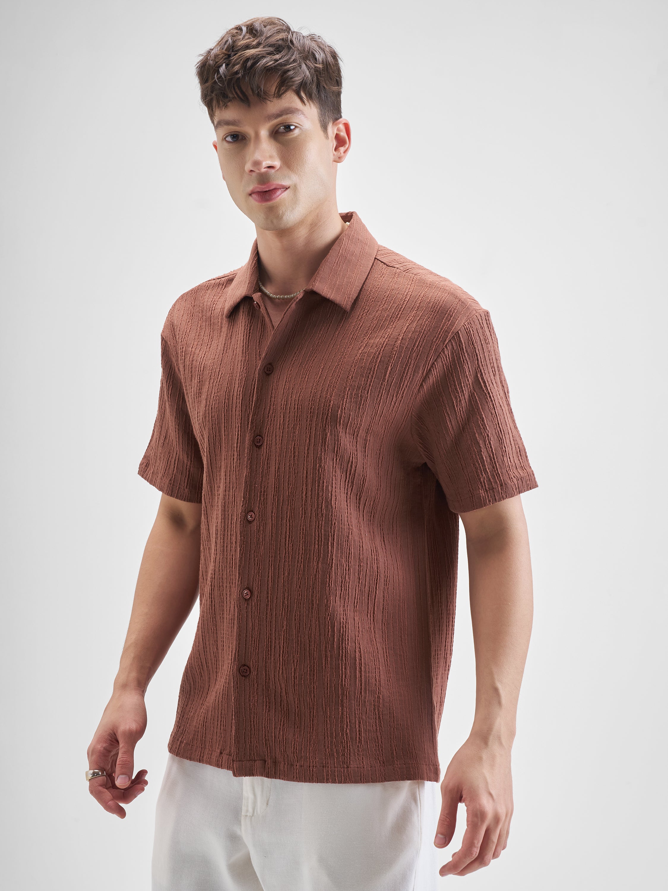 Highlander Men Rust Self Design Relaxed Fit Casual Shirt - Rust - Image 4